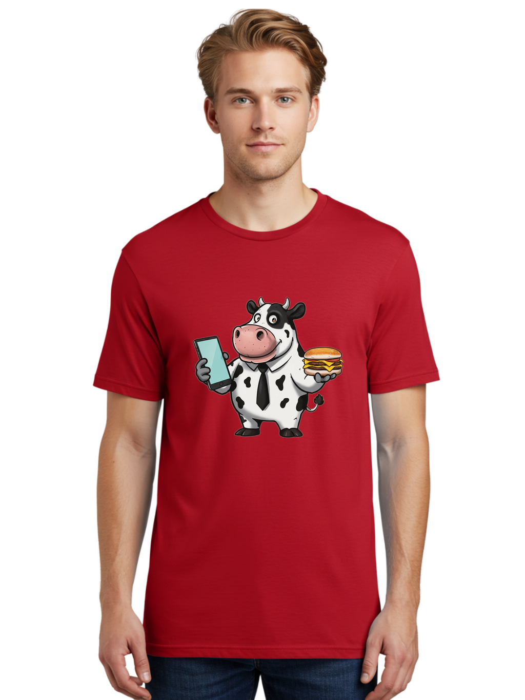Cow-Holding-Phone-And-Burger Men'S Graphic Tee, 100% Cotton, Comfortable Casual Summer Wear, Machine Washable, Vintage Camera, Old Camera, Antique Camera, Black Camera, Classic Photography, Photography Equipment, Nostalgic Device, Film Camera, Bah799