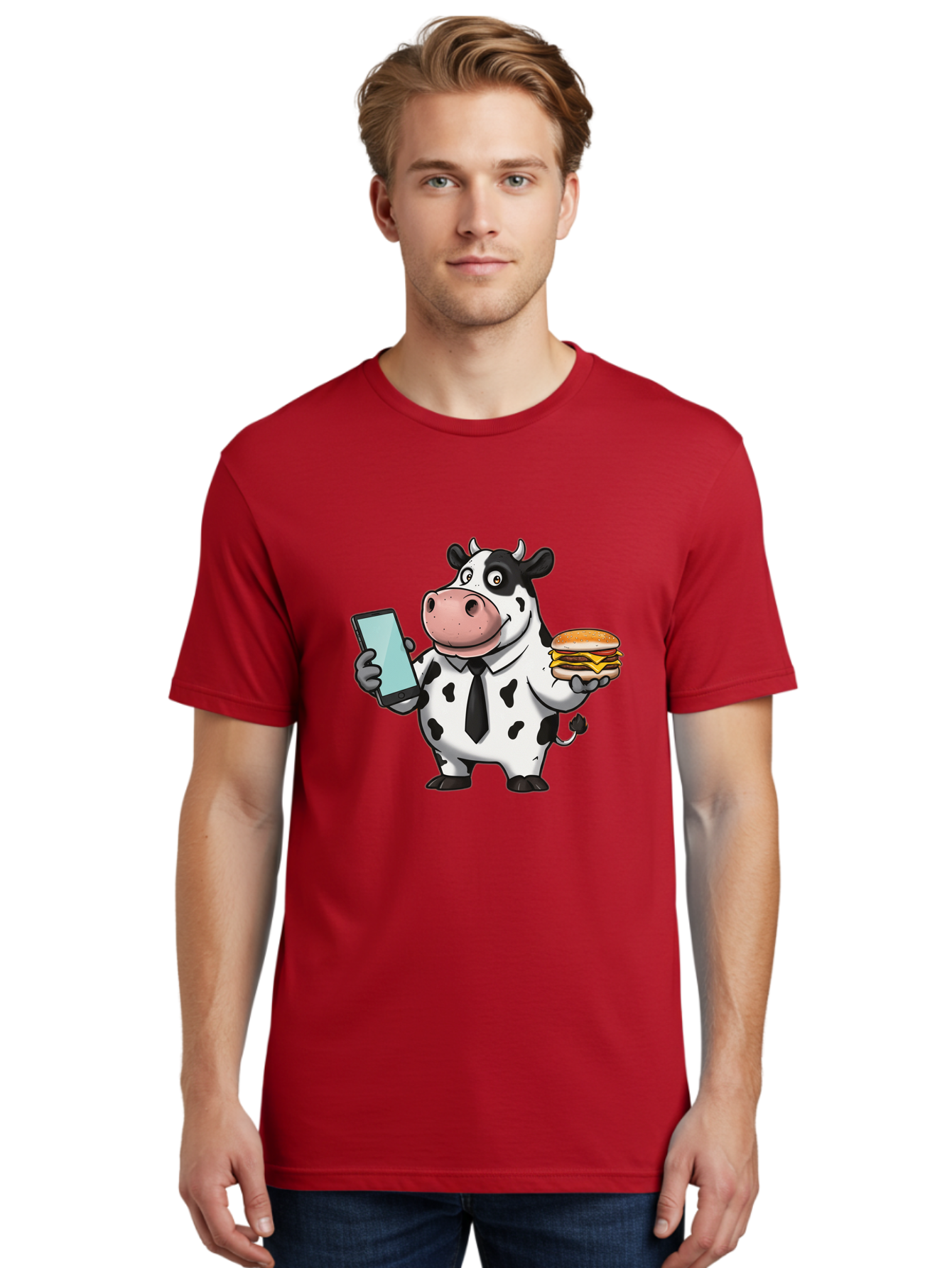 Cow-Holding-Phone-And-Burger Men'S Graphic Tee, 100% Cotton, Comfortable Casual Summer Wear, Machine Washable, Vintage Camera, Old Camera, Antique Camera, Black Camera, Classic Photography, Photography Equipment, Nostalgic Device, Film Camera, Bah799