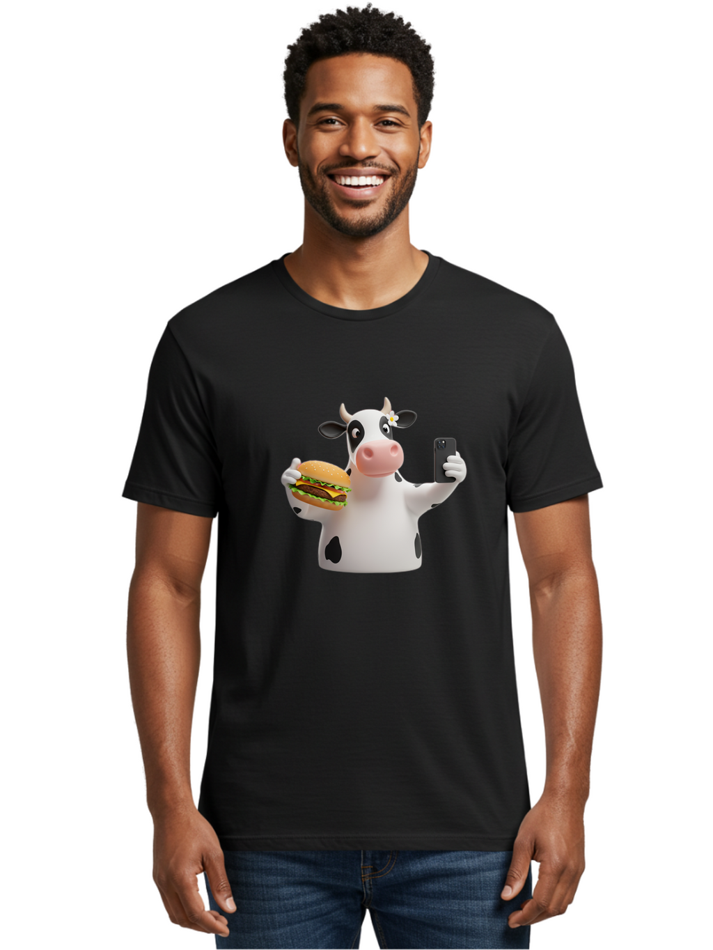 Cow-Selfie-1 Men'S Graphic Tee, 100% Cotton, Comfortable Casual Summer Wear, Machine Washable, Vintage Camera, Old Camera, Antique Camera, Black Camera, Classic Photography, Photography Equipment, Nostalgic Device, Film Camera, Camera Art Bah802