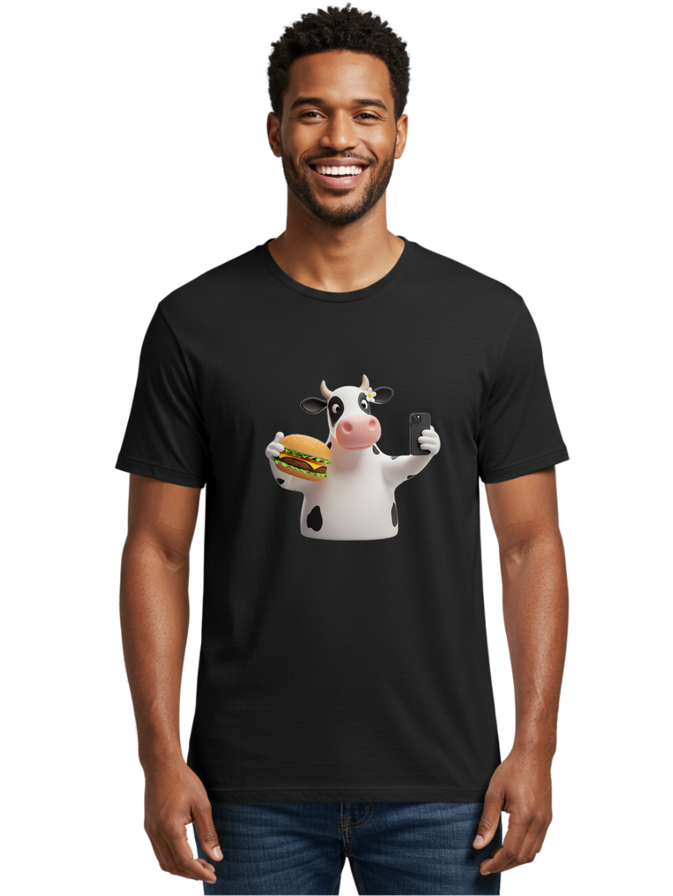 Cow-Selfie-1 Men'S Graphic Tee, 100% Cotton, Comfortable Casual Summer Wear, Machine Washable, Vintage Camera, Old Camera, Antique Camera, Black Camera, Classic Photography, Photography Equipment, Nostalgic Device, Film Camera, Camera Art Bah802