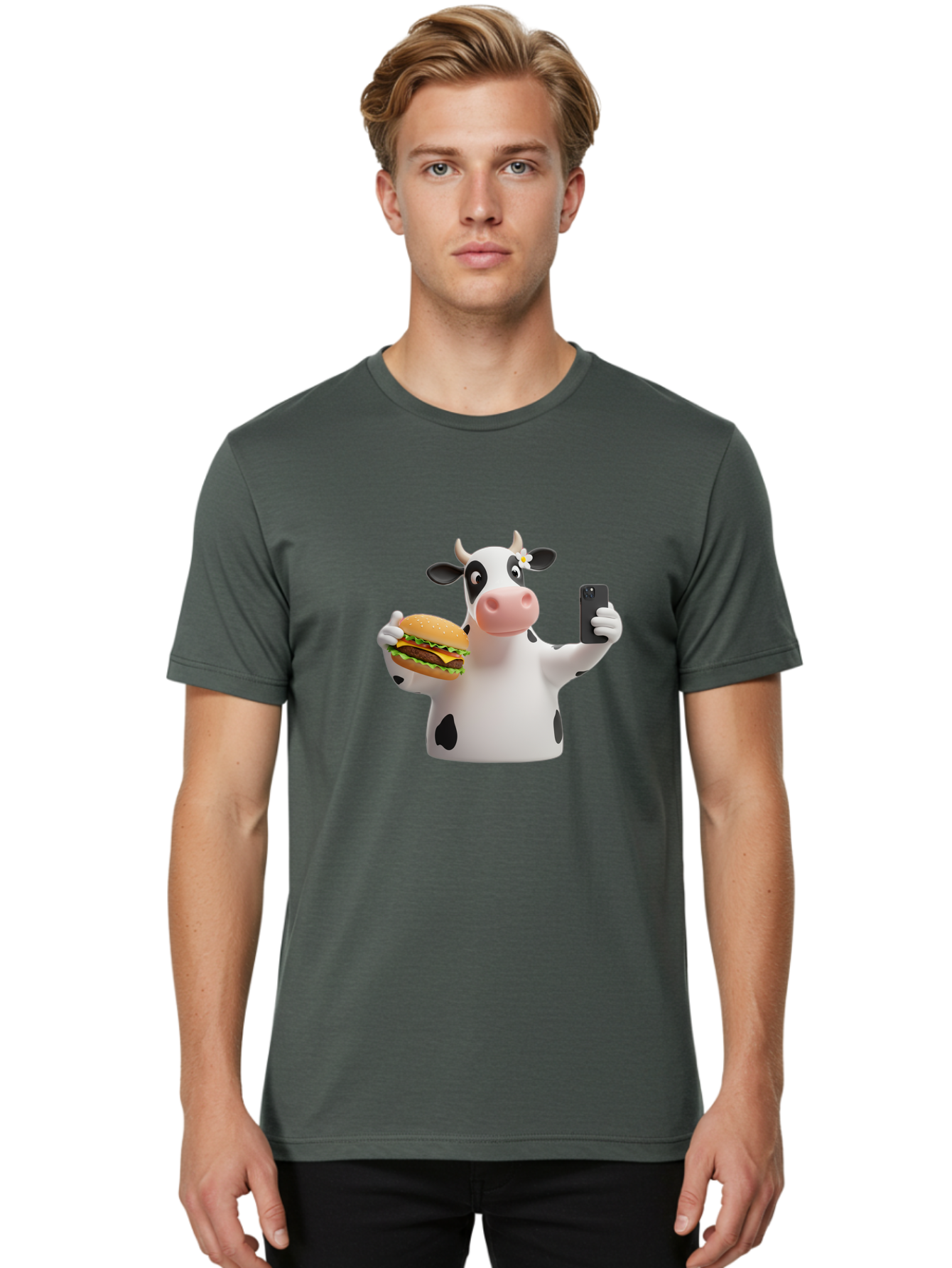 Cow-Selfie-1 Men'S Graphic Tee, 100% Cotton, Comfortable Casual Summer Wear, Machine Washable, Vintage Camera, Old Camera, Antique Camera, Black Camera, Classic Photography, Photography Equipment, Nostalgic Device, Film Camera, Camera Art Bah802