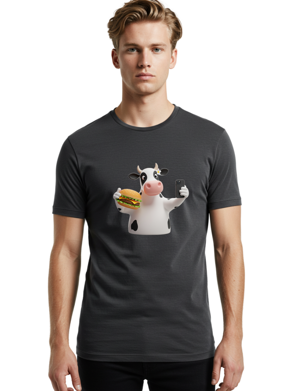 Cow-Selfie-1 Men'S Graphic Tee, 100% Cotton, Comfortable Casual Summer Wear, Machine Washable, Vintage Camera, Old Camera, Antique Camera, Black Camera, Classic Photography, Photography Equipment, Nostalgic Device, Film Camera, Camera Art Bah802