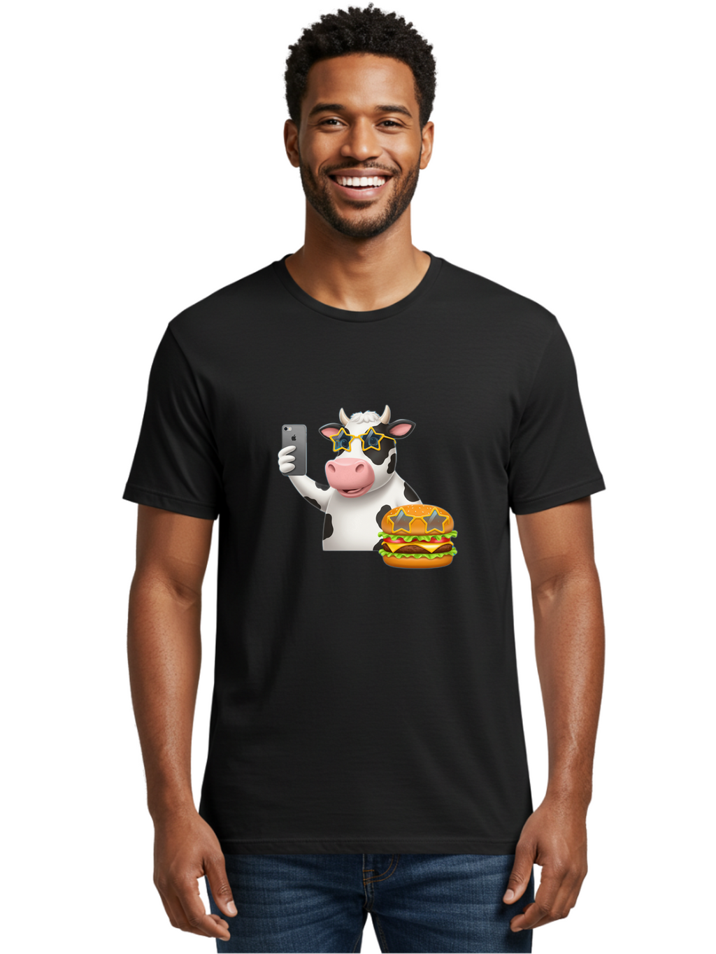 Cow-Selfie-2 Men'S Graphic Tee, 100% Cotton, Comfortable Casual Summer Wear, Machine Washable, Vintage Camera, Old Camera, Antique Camera, Black Camera, Classic Photography, Photography Equipment, Nostalgic Device, Film Camera, Camera Art Bah803