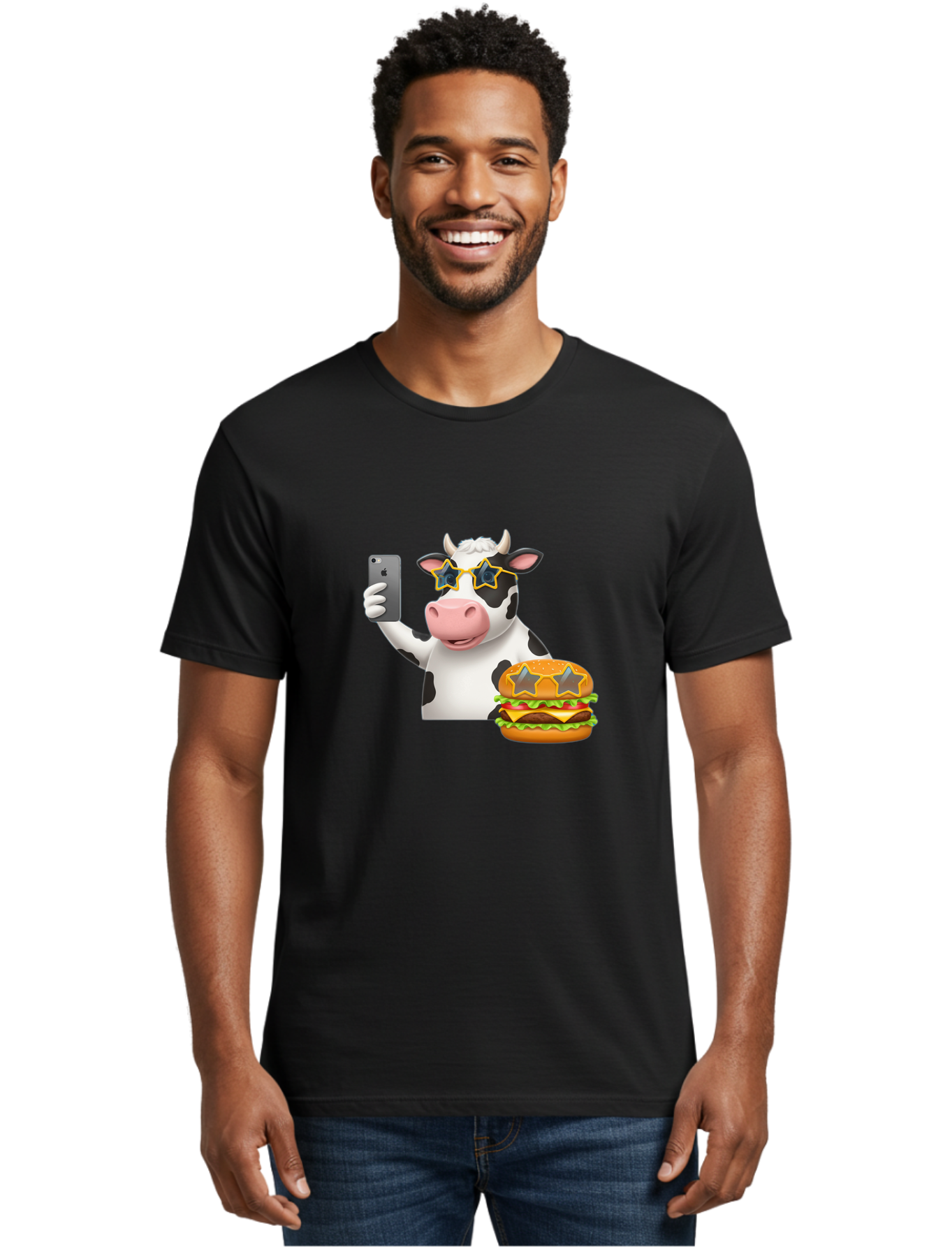 Cow-Selfie-2 Men'S Graphic Tee, 100% Cotton, Comfortable Casual Summer Wear, Machine Washable, Vintage Camera, Old Camera, Antique Camera, Black Camera, Classic Photography, Photography Equipment, Nostalgic Device, Film Camera, Camera Art Bah803