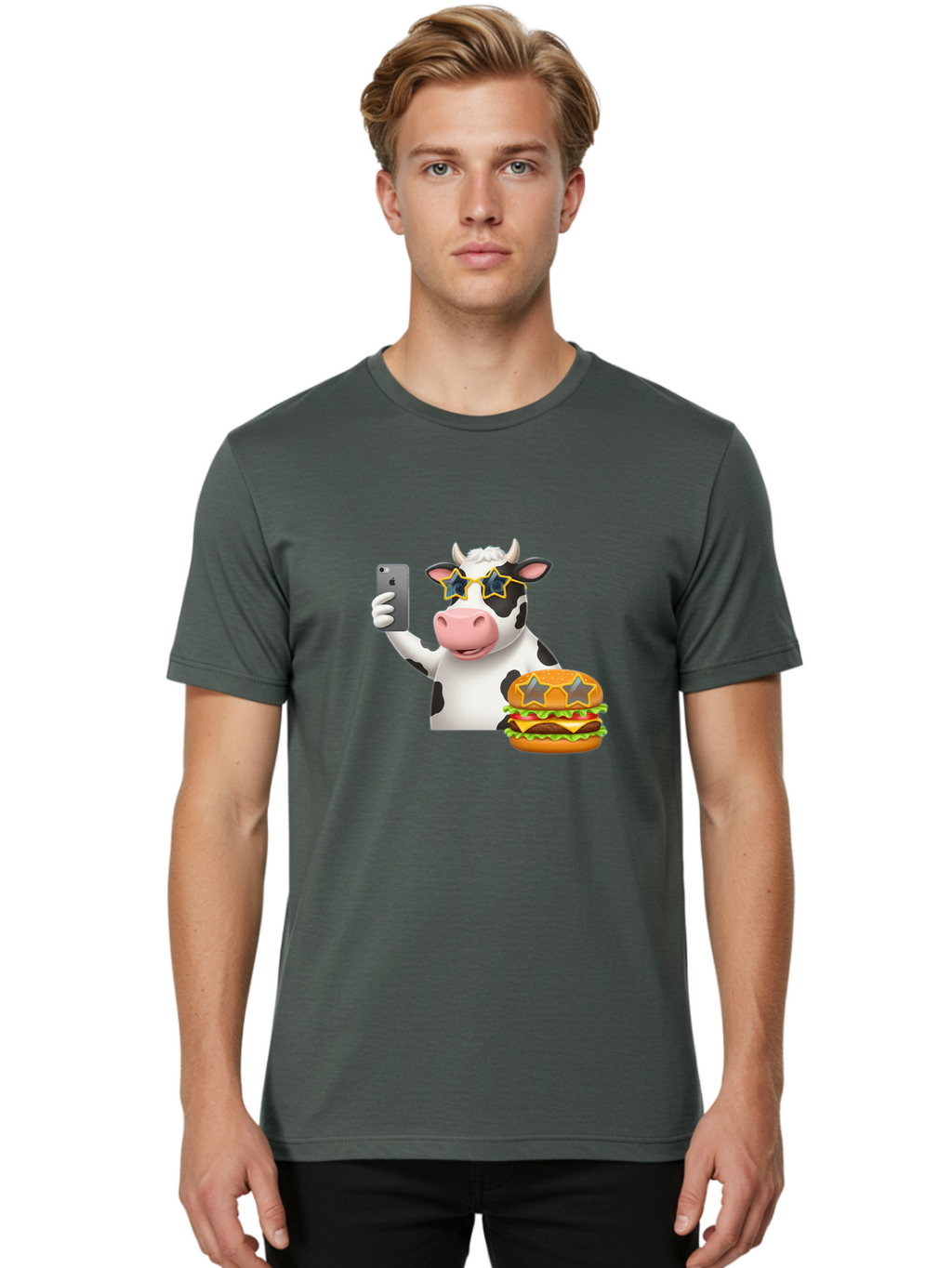 Cow-Selfie-2 Men'S Graphic Tee, 100% Cotton, Comfortable Casual Summer Wear, Machine Washable, Vintage Camera, Old Camera, Antique Camera, Black Camera, Classic Photography, Photography Equipment, Nostalgic Device, Film Camera, Camera Art Bah803