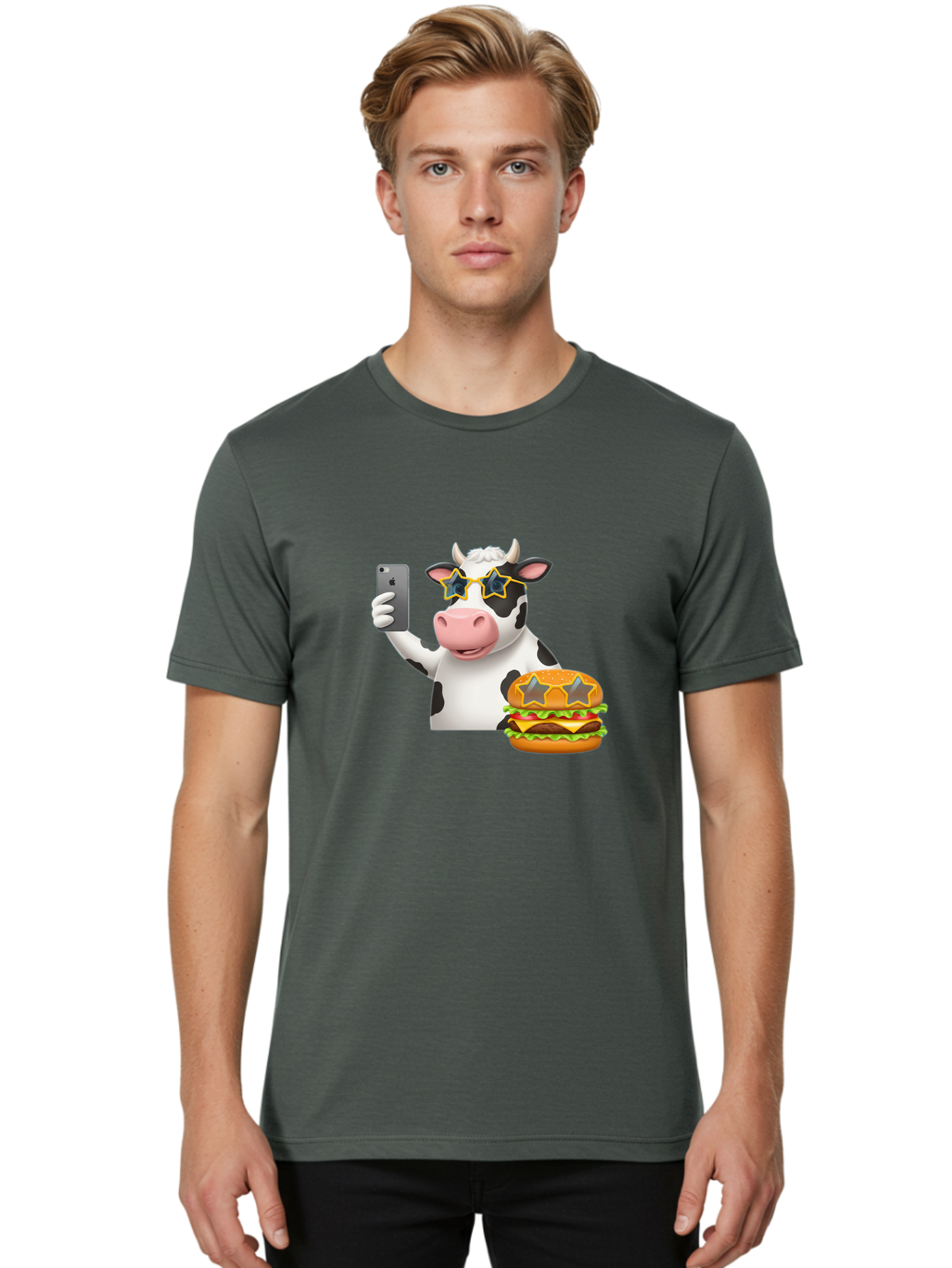 Cow-Selfie-2 Men'S Graphic Tee, 100% Cotton, Comfortable Casual Summer Wear, Machine Washable, Vintage Camera, Old Camera, Antique Camera, Black Camera, Classic Photography, Photography Equipment, Nostalgic Device, Film Camera, Camera Art Bah803