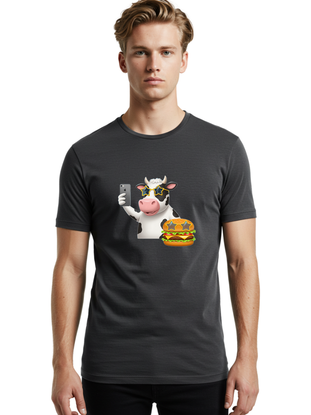 Cow-Selfie-2 Men'S Graphic Tee, 100% Cotton, Comfortable Casual Summer Wear, Machine Washable, Vintage Camera, Old Camera, Antique Camera, Black Camera, Classic Photography, Photography Equipment, Nostalgic Device, Film Camera, Camera Art Bah803