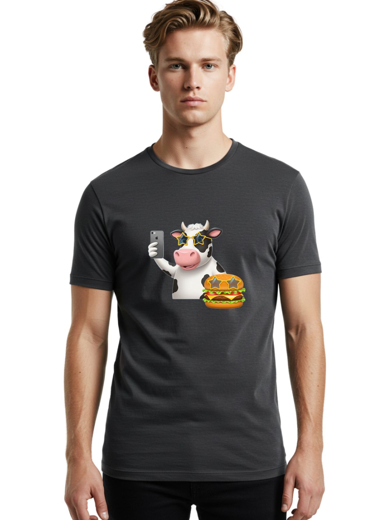 Cow-Selfie-2 Men'S Graphic Tee, 100% Cotton, Comfortable Casual Summer Wear, Machine Washable, Vintage Camera, Old Camera, Antique Camera, Black Camera, Classic Photography, Photography Equipment, Nostalgic Device, Film Camera, Camera Art Bah803
