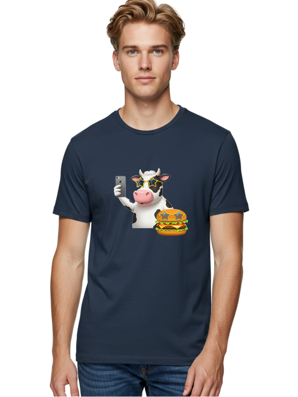 Cow-Selfie-2 Men'S Graphic Tee, 100% Cotton, Comfortable Casual Summer Wear, Machine Washable, Vintage Camera, Old Camera, Antique Camera, Black Camera, Classic Photography, Photography Equipment, Nostalgic Device, Film Camera, Camera Art Bah803