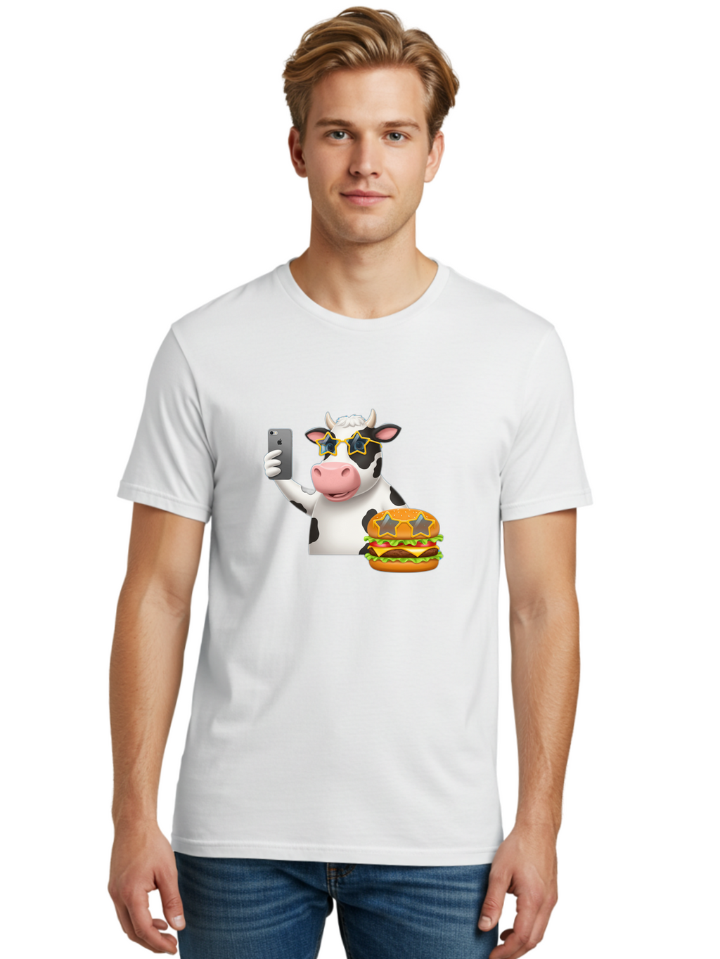 Cow-Selfie-2 Men'S Graphic Tee, 100% Cotton, Comfortable Casual Summer Wear, Machine Washable, Vintage Camera, Old Camera, Antique Camera, Black Camera, Classic Photography, Photography Equipment, Nostalgic Device, Film Camera, Camera Art Bah803