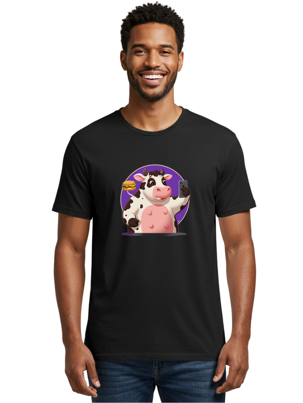 Cow-Selfie-3 Men'S Graphic Tee, 100% Cotton, Comfortable Casual Summer Wear, Machine Washable, Vintage Camera, Old Camera, Antique Camera, Black Camera, Classic Photography, Photography Equipment, Nostalgic Device, Film Camera, Camera Art Bah804
