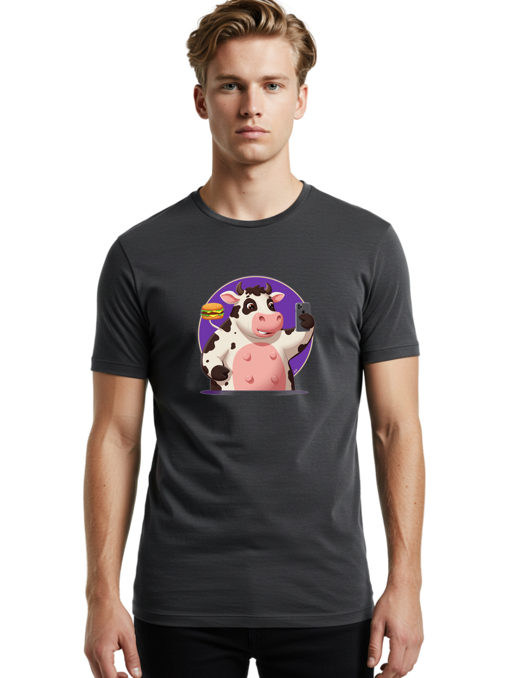 Cow-Selfie-3 Men'S Graphic Tee, 100% Cotton, Comfortable Casual Summer Wear, Machine Washable, Vintage Camera, Old Camera, Antique Camera, Black Camera, Classic Photography, Photography Equipment, Nostalgic Device, Film Camera, Camera Art Bah804
