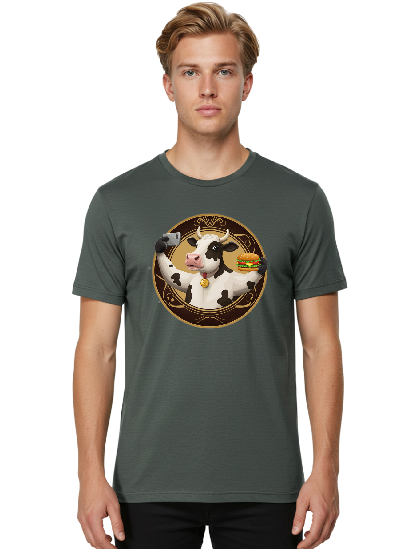 Cow-Selfie-4 Men'S Graphic Tee, 100% Cotton, Comfortable Casual Summer Wear, Machine Washable, Vintage Camera, Old Camera, Antique Camera, Black Camera, Classic Photography, Photography Equipment, Nostalgic Device, Film Camera, Camera Art Bah805
