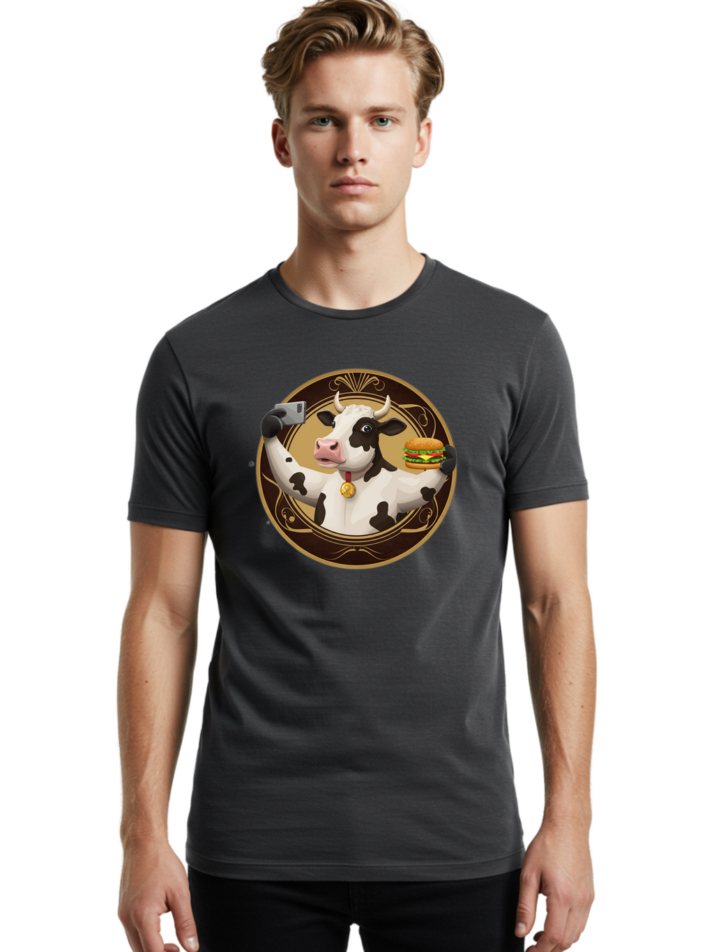 Cow-Selfie-4 Men'S Graphic Tee, 100% Cotton, Comfortable Casual Summer Wear, Machine Washable, Vintage Camera, Old Camera, Antique Camera, Black Camera, Classic Photography, Photography Equipment, Nostalgic Device, Film Camera, Camera Art Bah805