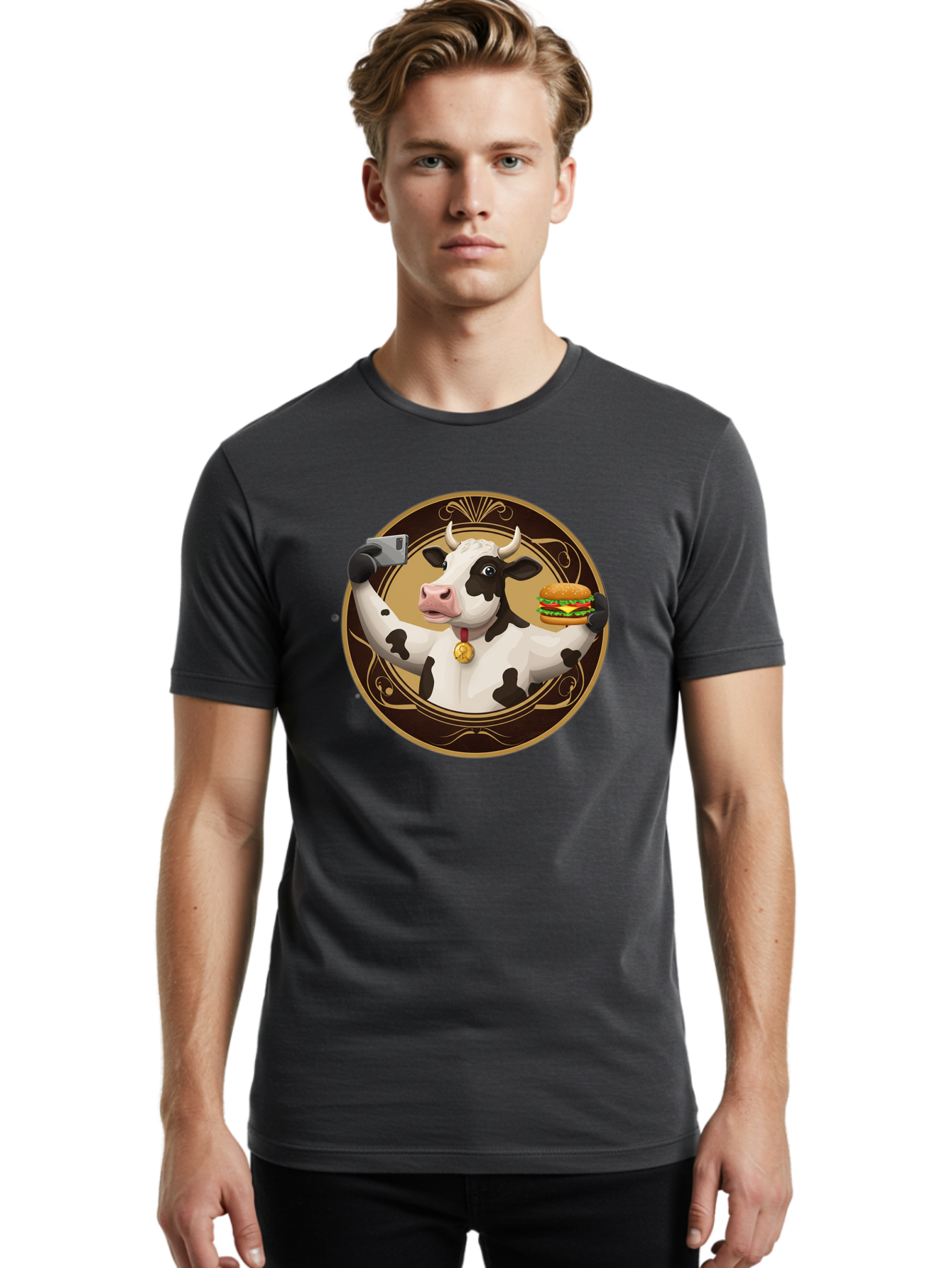 Cow-Selfie-4 Men'S Graphic Tee, 100% Cotton, Comfortable Casual Summer Wear, Machine Washable, Vintage Camera, Old Camera, Antique Camera, Black Camera, Classic Photography, Photography Equipment, Nostalgic Device, Film Camera, Camera Art Bah805