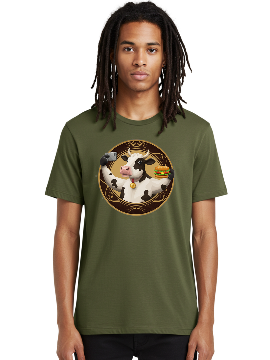 Cow-Selfie-4 Men'S Graphic Tee, 100% Cotton, Comfortable Casual Summer Wear, Machine Washable, Vintage Camera, Old Camera, Antique Camera, Black Camera, Classic Photography, Photography Equipment, Nostalgic Device, Film Camera, Camera Art Bah805