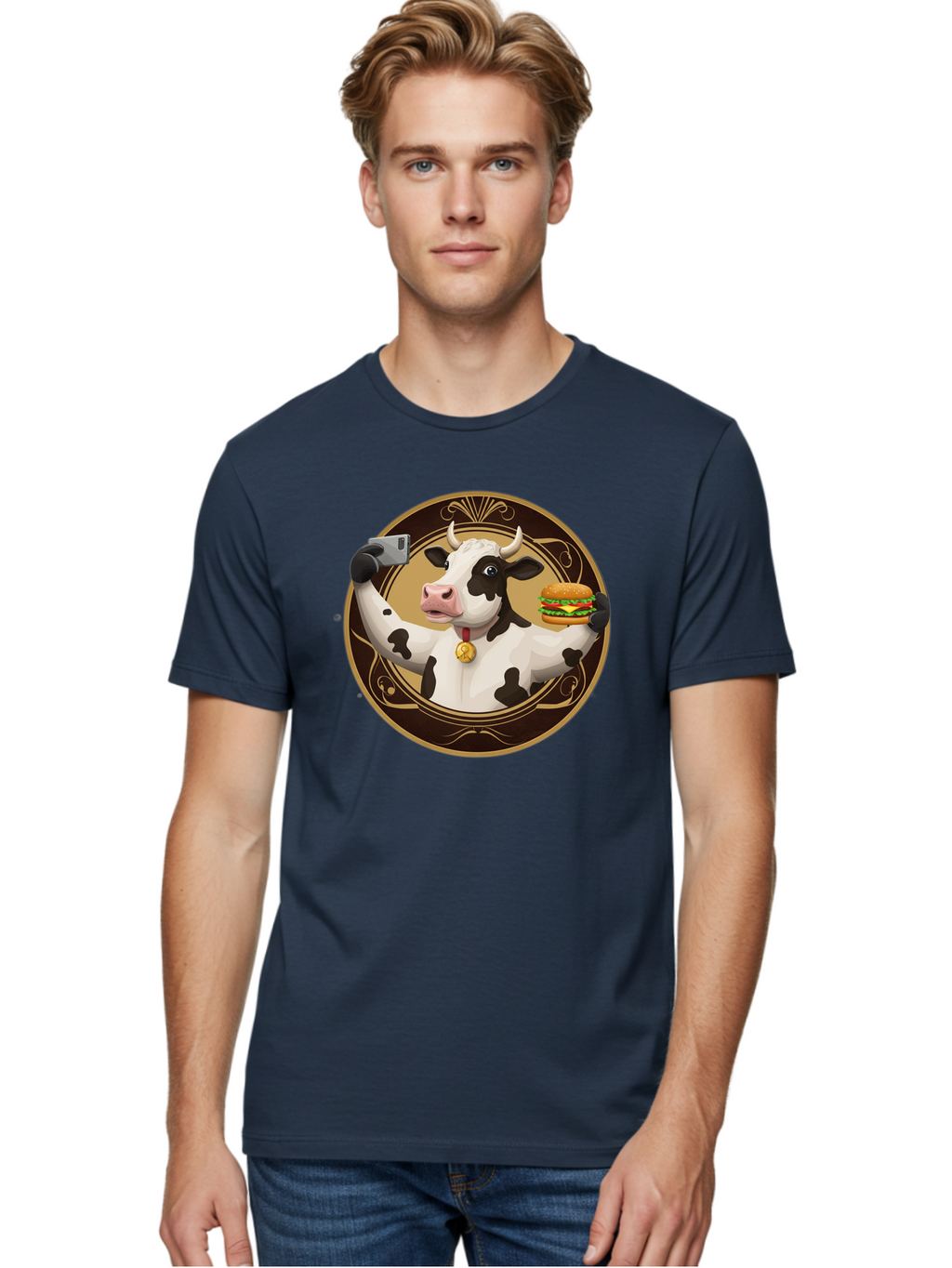 Cow-Selfie-4 Men'S Graphic Tee, 100% Cotton, Comfortable Casual Summer Wear, Machine Washable, Vintage Camera, Old Camera, Antique Camera, Black Camera, Classic Photography, Photography Equipment, Nostalgic Device, Film Camera, Camera Art Bah805