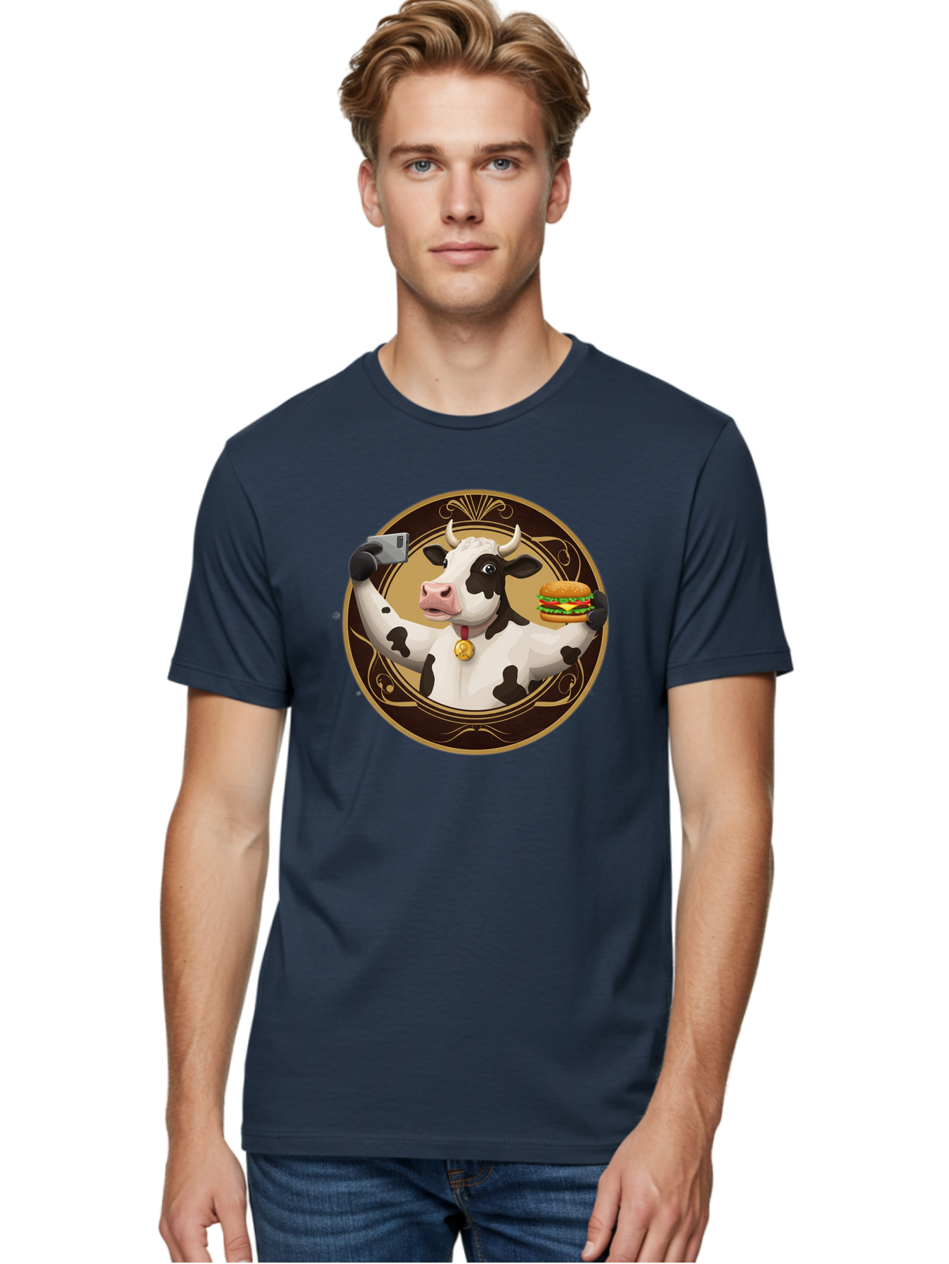 Cow-Selfie-4 Men'S Graphic Tee, 100% Cotton, Comfortable Casual Summer Wear, Machine Washable, Vintage Camera, Old Camera, Antique Camera, Black Camera, Classic Photography, Photography Equipment, Nostalgic Device, Film Camera, Camera Art Bah805