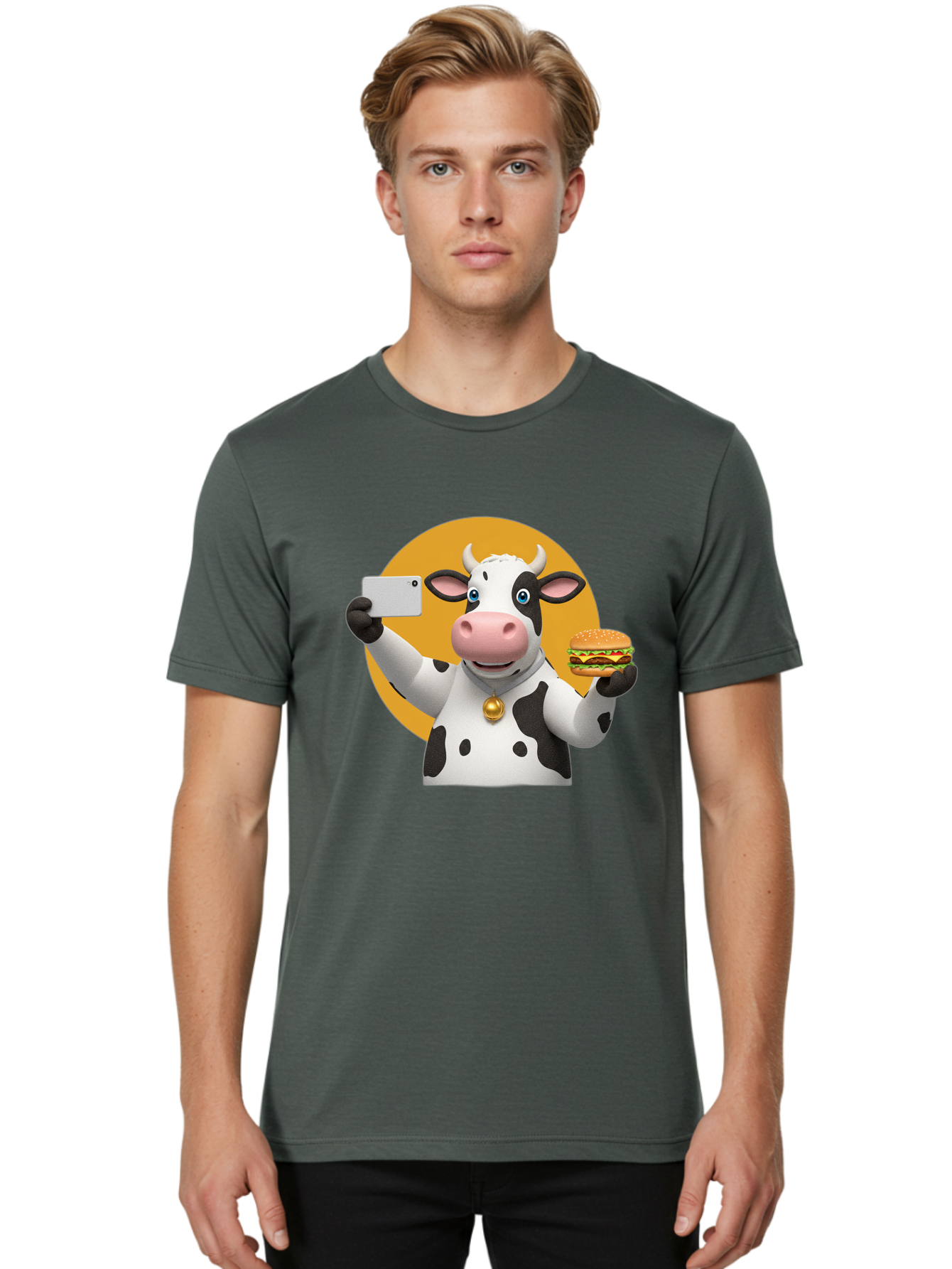 Cow-Selfie-Burger-1 Men'S Graphic Tee, 100% Cotton, Comfortable Casual Summer Wear, Machine Washable, Vintage Camera, Old Camera, Antique Camera, Black Camera, Classic Photography, Photography Equipment, Nostalgic Device, Film Camera, Bah806