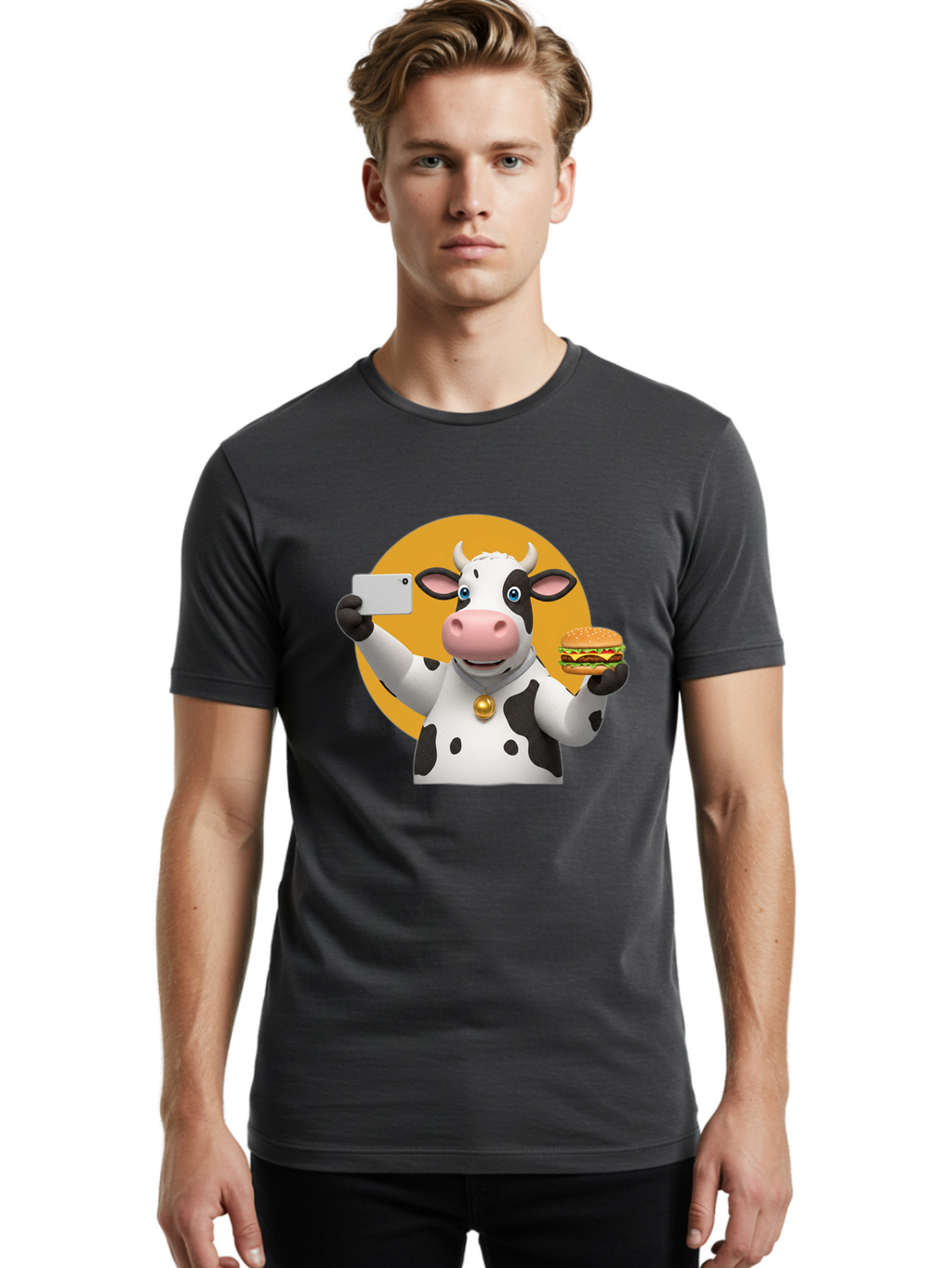 Cow-Selfie-Burger-1 Men'S Graphic Tee, 100% Cotton, Comfortable Casual Summer Wear, Machine Washable, Vintage Camera, Old Camera, Antique Camera, Black Camera, Classic Photography, Photography Equipment, Nostalgic Device, Film Camera, Bah806