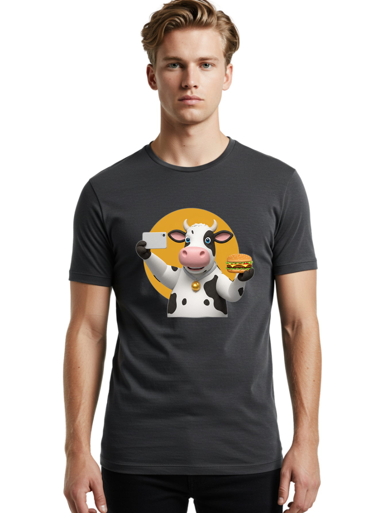 Cow-Selfie-Burger-1 Men'S Graphic Tee, 100% Cotton, Comfortable Casual Summer Wear, Machine Washable, Vintage Camera, Old Camera, Antique Camera, Black Camera, Classic Photography, Photography Equipment, Nostalgic Device, Film Camera, Bah806