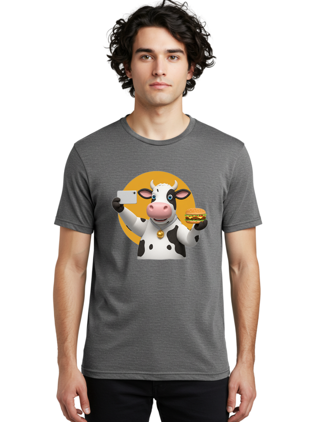 Cow-Selfie-Burger-1 Men'S Graphic Tee, 100% Cotton, Comfortable Casual Summer Wear, Machine Washable, Vintage Camera, Old Camera, Antique Camera, Black Camera, Classic Photography, Photography Equipment, Nostalgic Device, Film Camera, Bah806