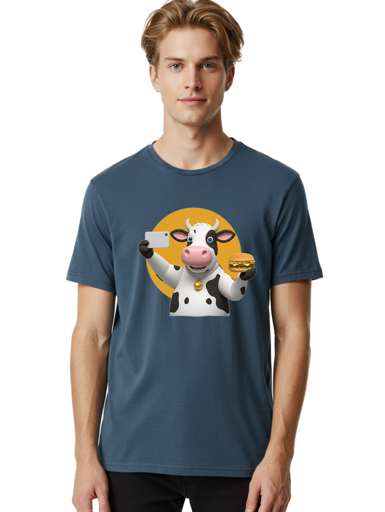 Cow-Selfie-Burger-1 Men'S Graphic Tee, 100% Cotton, Comfortable Casual Summer Wear, Machine Washable, Vintage Camera, Old Camera, Antique Camera, Black Camera, Classic Photography, Photography Equipment, Nostalgic Device, Film Camera, Bah806