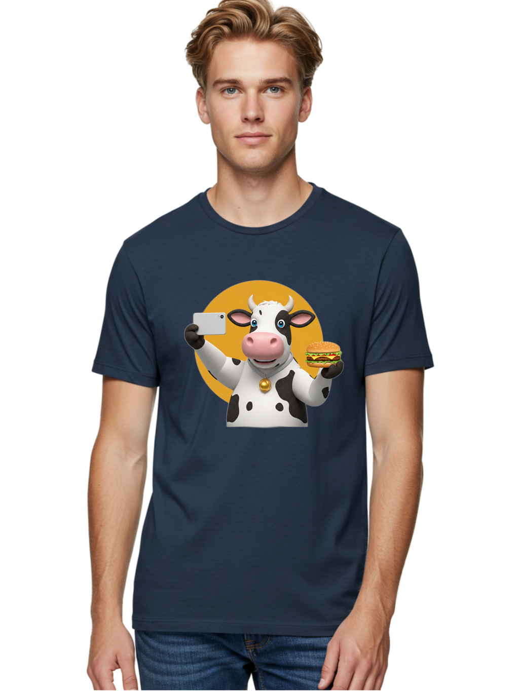 Cow-Selfie-Burger-1 Men'S Graphic Tee, 100% Cotton, Comfortable Casual Summer Wear, Machine Washable, Vintage Camera, Old Camera, Antique Camera, Black Camera, Classic Photography, Photography Equipment, Nostalgic Device, Film Camera, Bah806