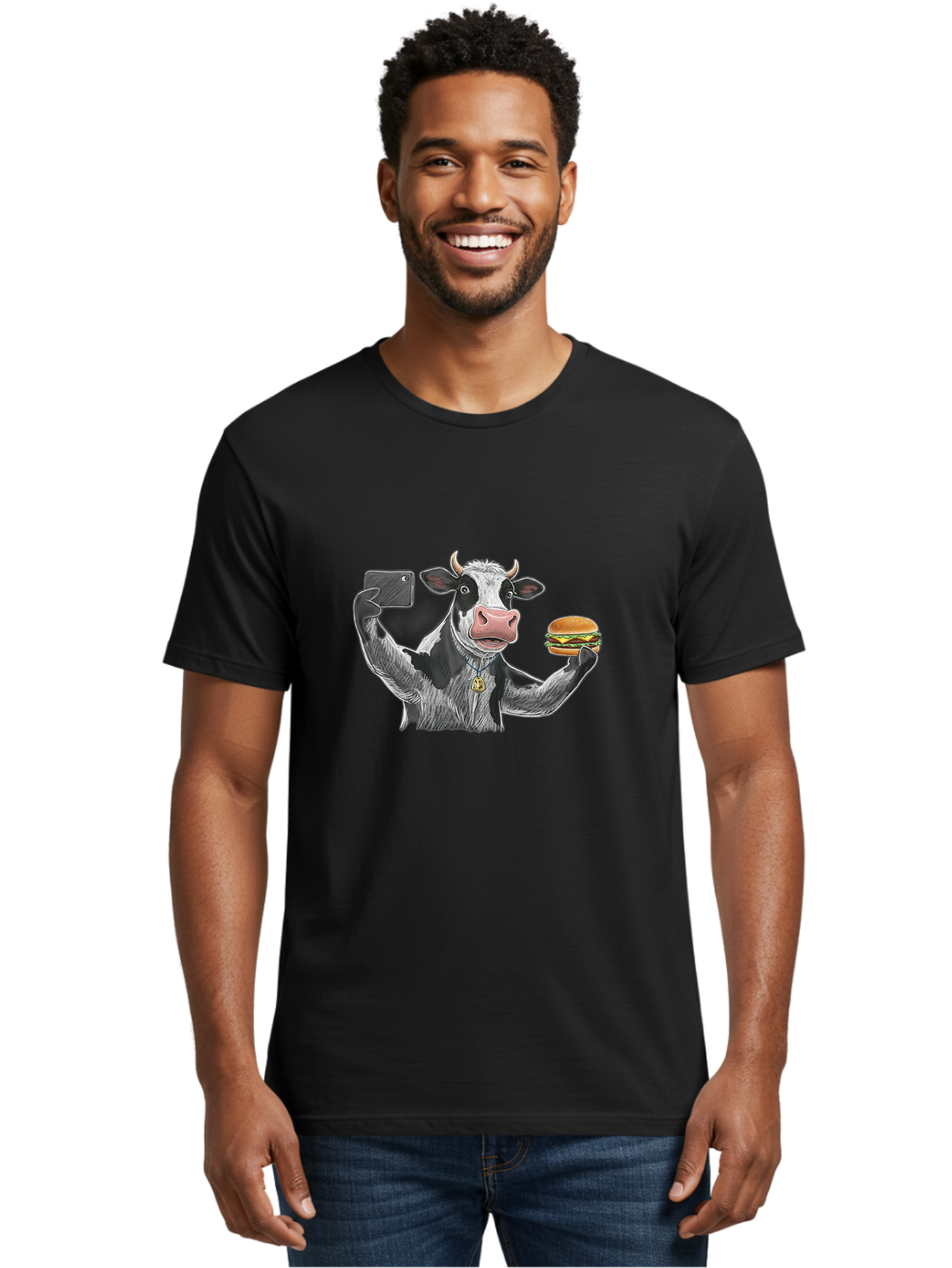 Cow-Selfie-Burger-2 Men'S Graphic Tee, 100% Cotton, Comfortable Casual Summer Wear, Machine Washable, Vintage Camera, Old Camera, Antique Camera, Black Camera, Classic Photography, Photography Equipment, Nostalgic Device, Film Camera, Bah807