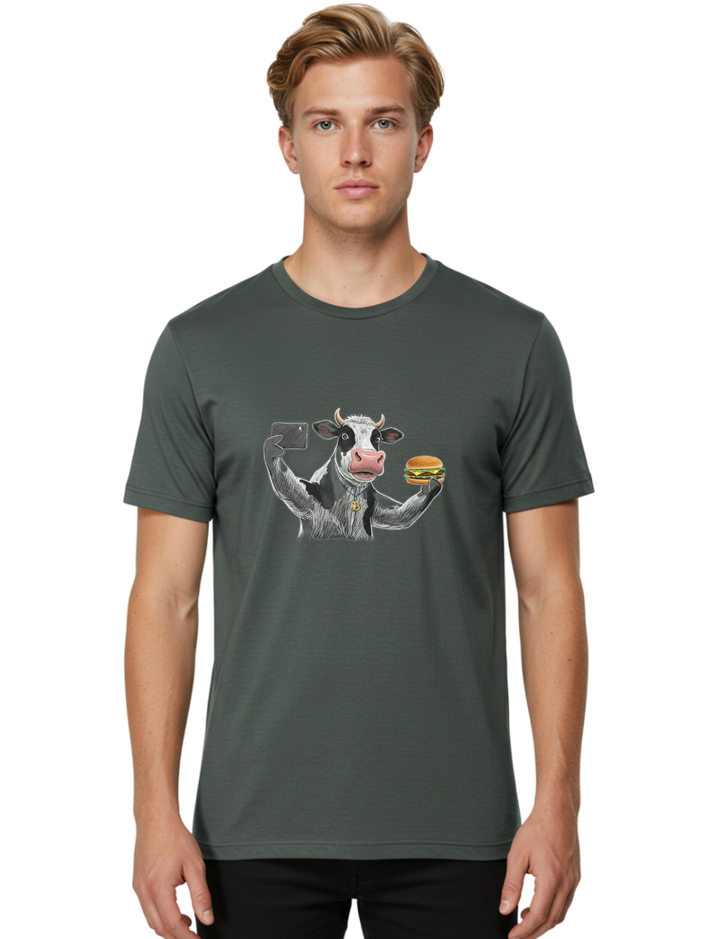 Cow-Selfie-Burger-2 Men'S Graphic Tee, 100% Cotton, Comfortable Casual Summer Wear, Machine Washable, Vintage Camera, Old Camera, Antique Camera, Black Camera, Classic Photography, Photography Equipment, Nostalgic Device, Film Camera, Bah807
