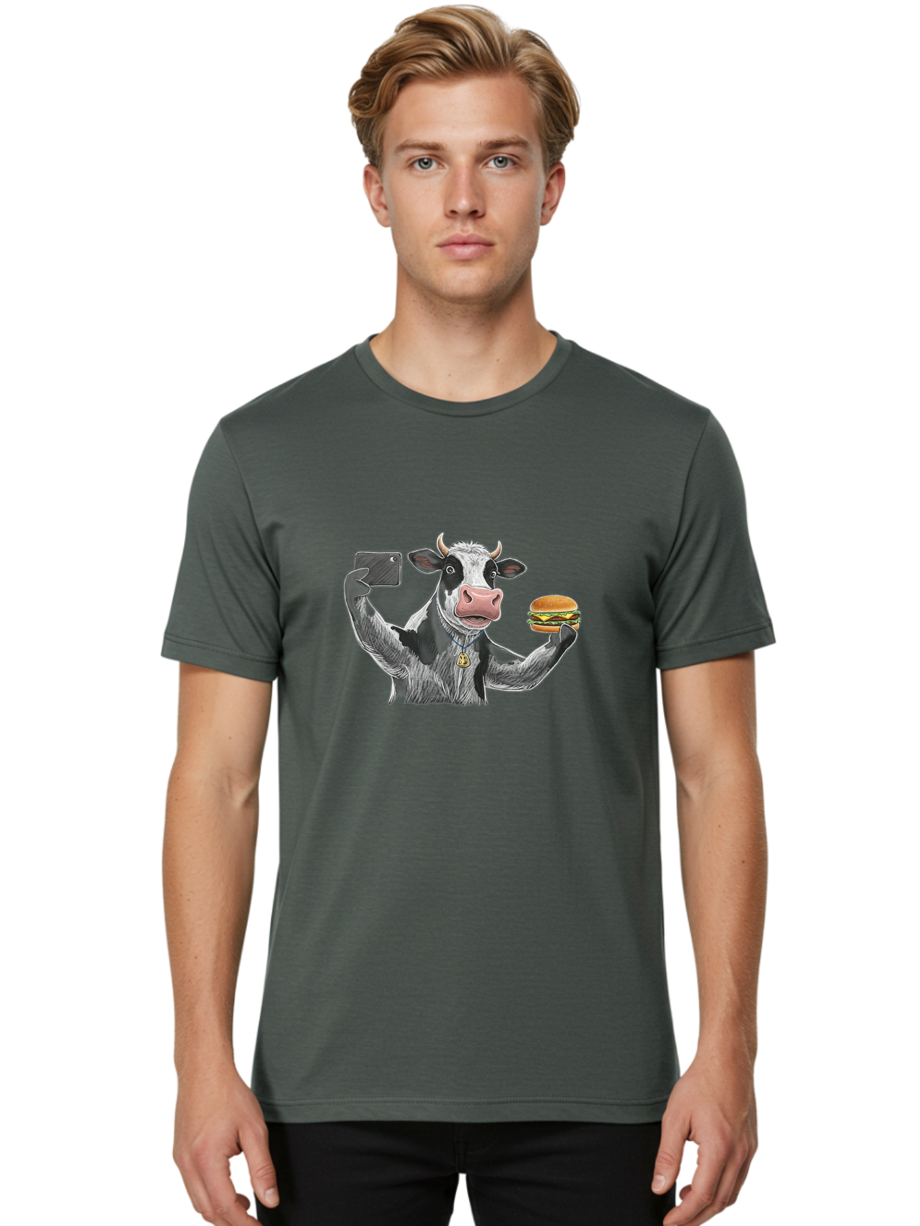 Cow-Selfie-Burger-2 Men'S Graphic Tee, 100% Cotton, Comfortable Casual Summer Wear, Machine Washable, Vintage Camera, Old Camera, Antique Camera, Black Camera, Classic Photography, Photography Equipment, Nostalgic Device, Film Camera, Bah807