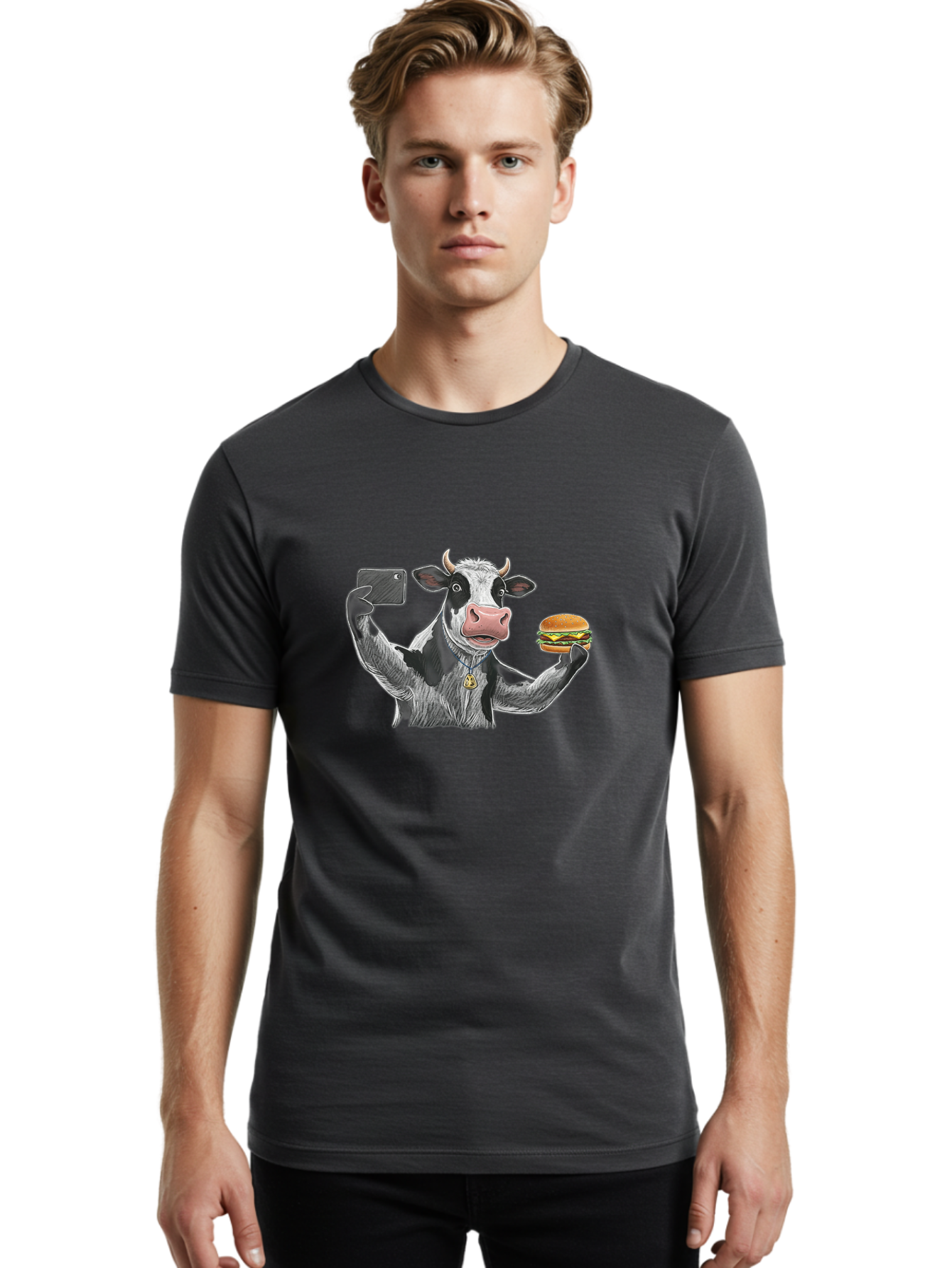 Cow-Selfie-Burger-2 Men'S Graphic Tee, 100% Cotton, Comfortable Casual Summer Wear, Machine Washable, Vintage Camera, Old Camera, Antique Camera, Black Camera, Classic Photography, Photography Equipment, Nostalgic Device, Film Camera, Bah807