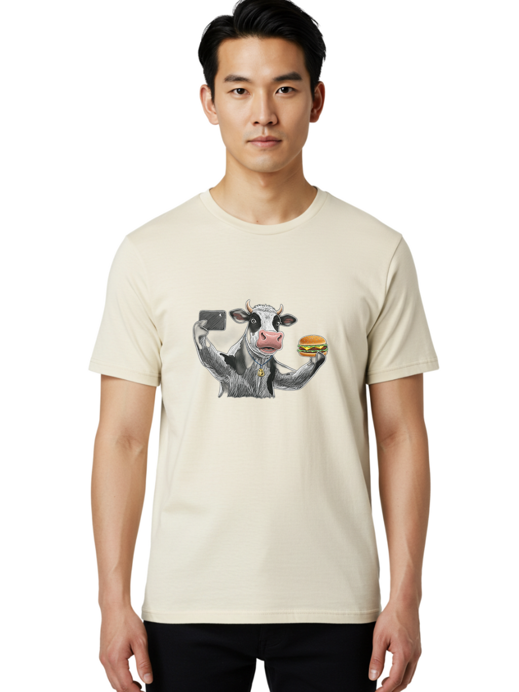 Cow-Selfie-Burger-2 Men'S Graphic Tee, 100% Cotton, Comfortable Casual Summer Wear, Machine Washable, Vintage Camera, Old Camera, Antique Camera, Black Camera, Classic Photography, Photography Equipment, Nostalgic Device, Film Camera, Bah807
