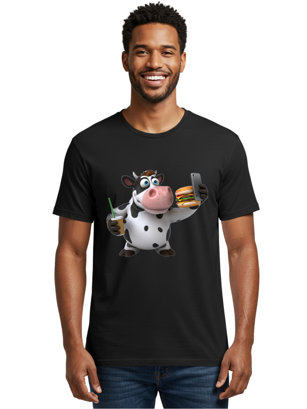 Cow-Taking-Selfie Men'S Graphic Tee, 100% Cotton, Comfortable Casual Summer Wear, Machine Washable, Vintage Camera, Old Camera, Antique Camera, Black Camera, Classic Photography, Photography Equipment, Nostalgic Device, Film Camera, Camera Art Bah814
