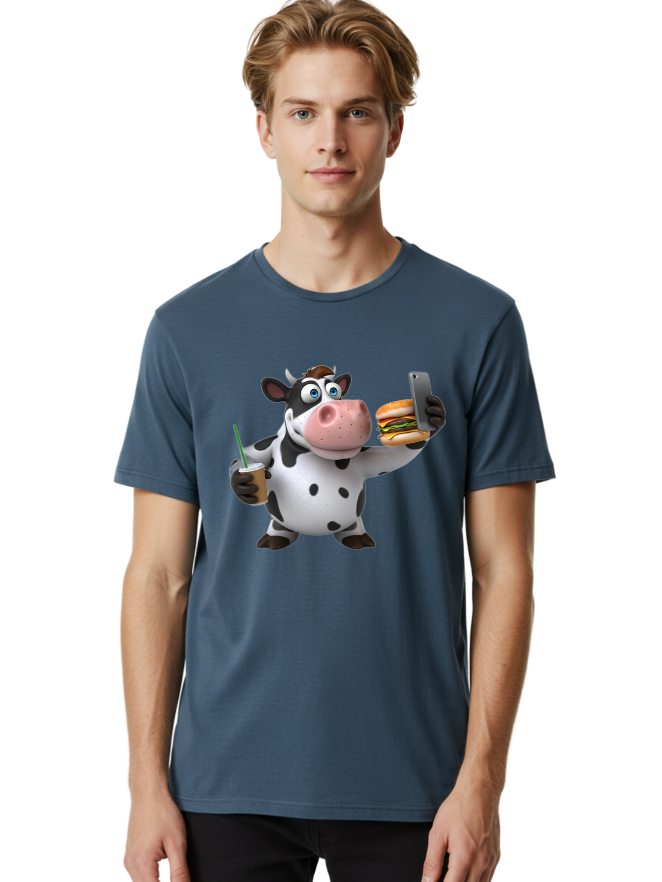 Cow-Taking-Selfie Men'S Graphic Tee, 100% Cotton, Comfortable Casual Summer Wear, Machine Washable, Vintage Camera, Old Camera, Antique Camera, Black Camera, Classic Photography, Photography Equipment, Nostalgic Device, Film Camera, Camera Art Bah814