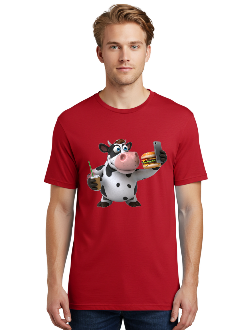 Cow-Taking-Selfie Men'S Graphic Tee, 100% Cotton, Comfortable Casual Summer Wear, Machine Washable, Vintage Camera, Old Camera, Antique Camera, Black Camera, Classic Photography, Photography Equipment, Nostalgic Device, Film Camera, Camera Art Bah814