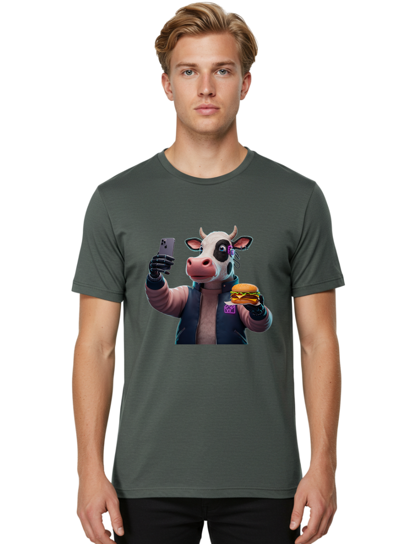 Cow-Wearing-Black-Vest-Holding-Cheeseburger-And-Iphone Men'S Graphic Tee, 100% Cotton, Comfortable Casual Summer Wear, Machine Washable, Vintage Camera, Old Camera, Antique Camera, Black Camera, Classic Photography, Photography Equipment, Bah816