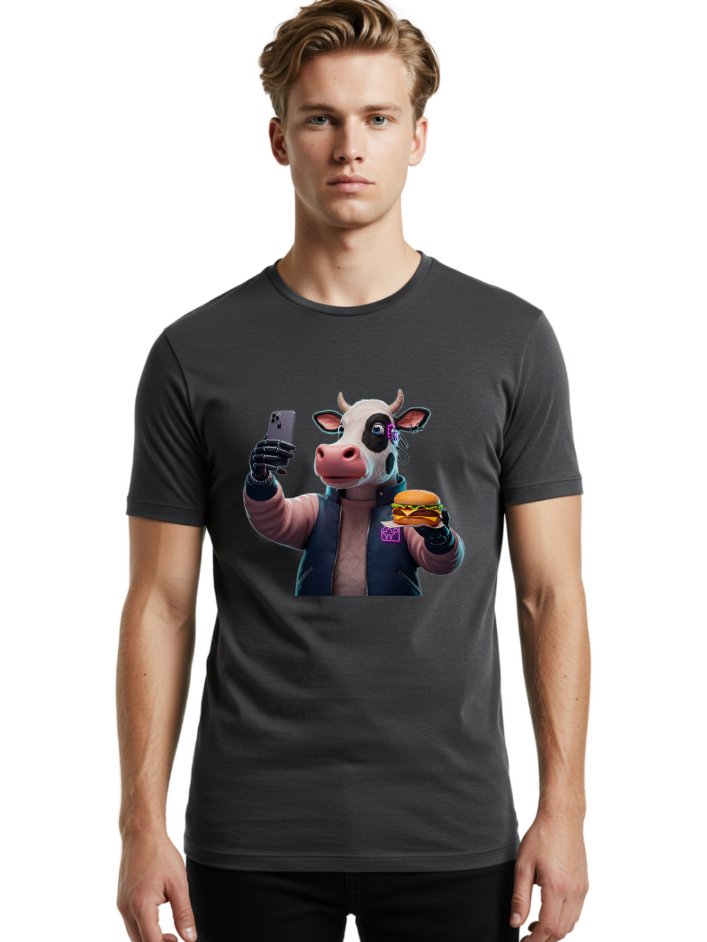 Cow-Wearing-Black-Vest-Holding-Cheeseburger-And-Iphone Men'S Graphic Tee, 100% Cotton, Comfortable Casual Summer Wear, Machine Washable, Vintage Camera, Old Camera, Antique Camera, Black Camera, Classic Photography, Photography Equipment, Bah816