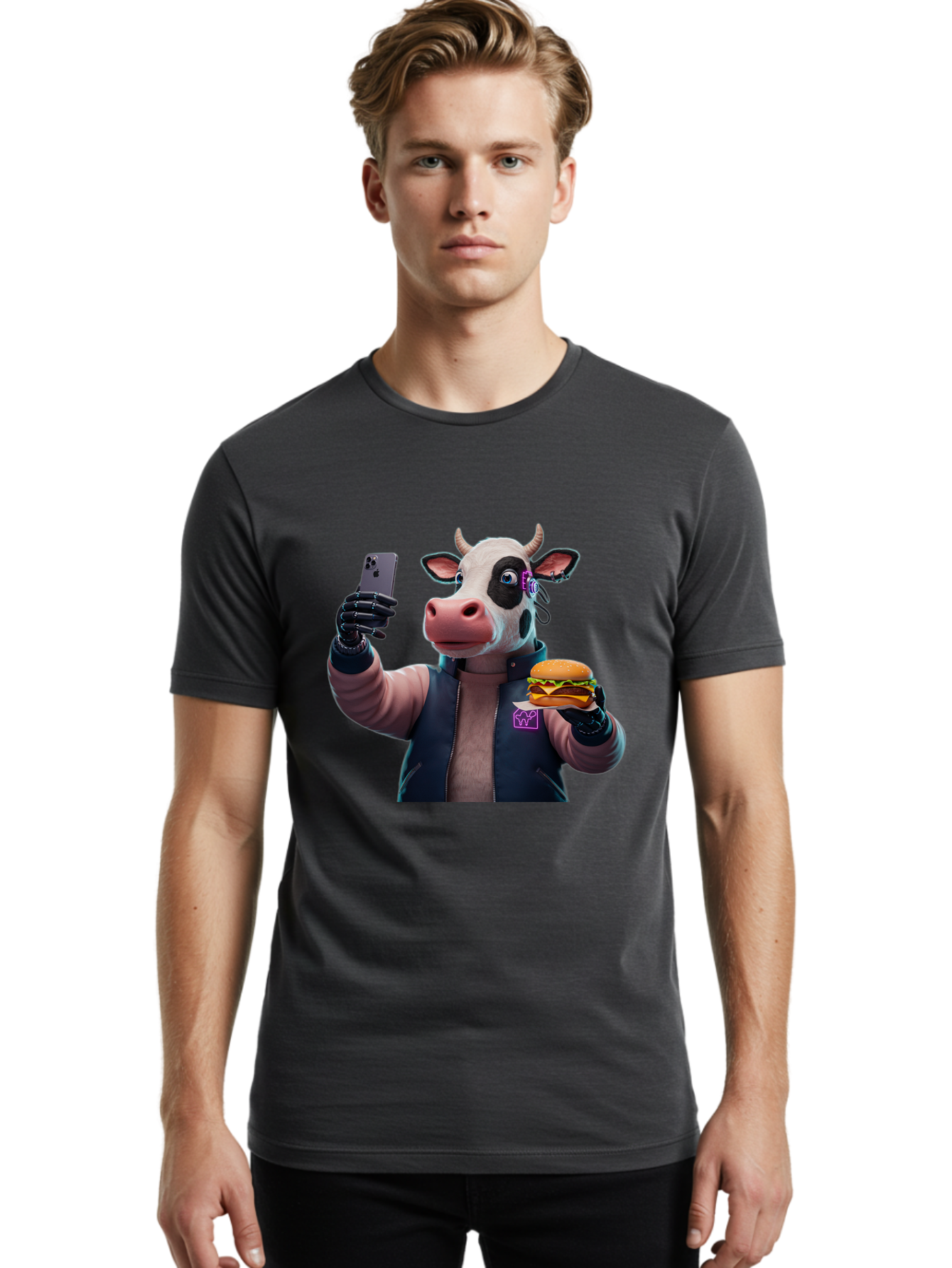 Cow-Wearing-Black-Vest-Holding-Cheeseburger-And-Iphone Men'S Graphic Tee, 100% Cotton, Comfortable Casual Summer Wear, Machine Washable, Vintage Camera, Old Camera, Antique Camera, Black Camera, Classic Photography, Photography Equipment, Bah816