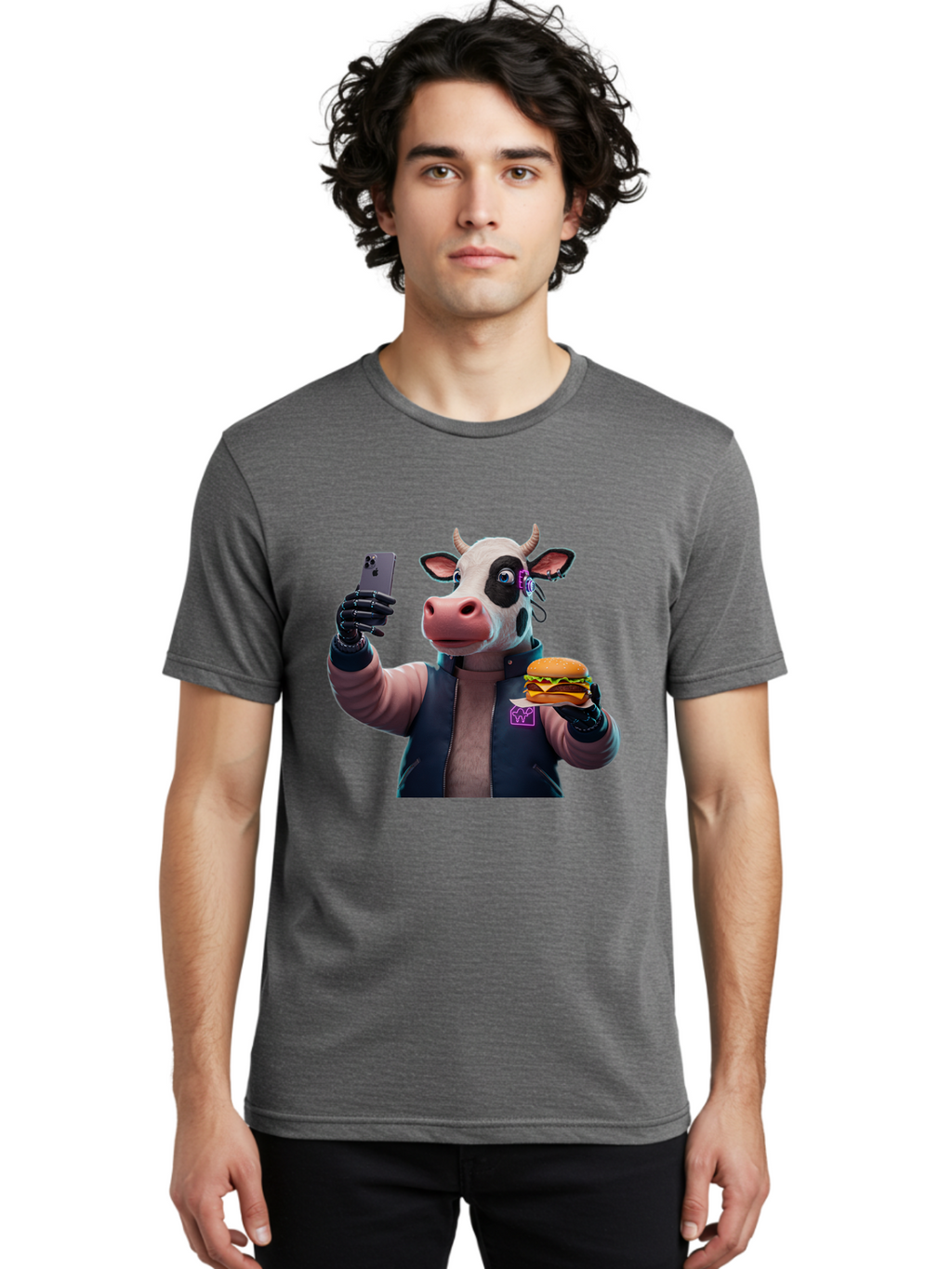Cow-Wearing-Black-Vest-Holding-Cheeseburger-And-Iphone Men'S Graphic Tee, 100% Cotton, Comfortable Casual Summer Wear, Machine Washable, Vintage Camera, Old Camera, Antique Camera, Black Camera, Classic Photography, Photography Equipment, Bah816
