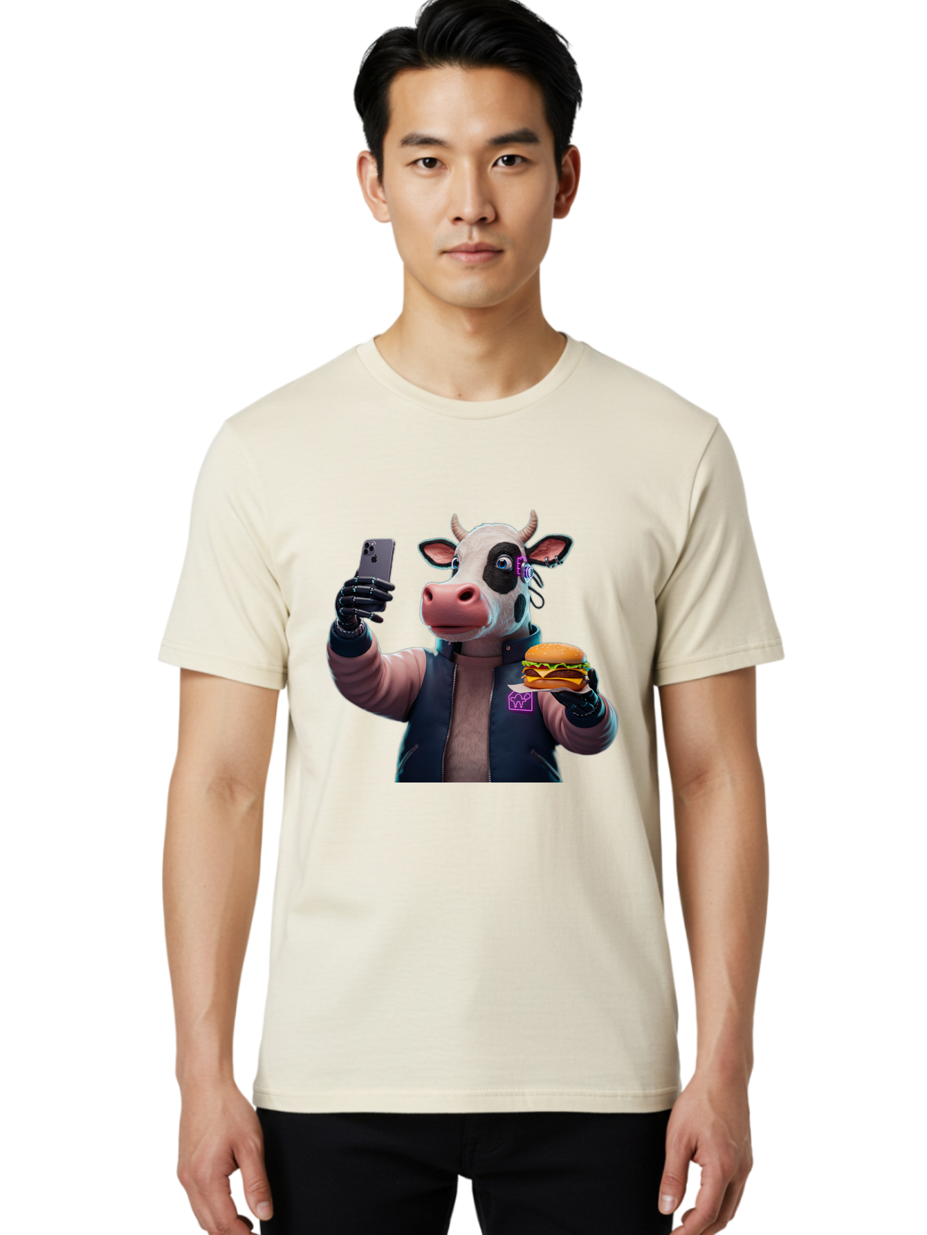 Cow-Wearing-Black-Vest-Holding-Cheeseburger-And-Iphone Men'S Graphic Tee, 100% Cotton, Comfortable Casual Summer Wear, Machine Washable, Vintage Camera, Old Camera, Antique Camera, Black Camera, Classic Photography, Photography Equipment, Bah816