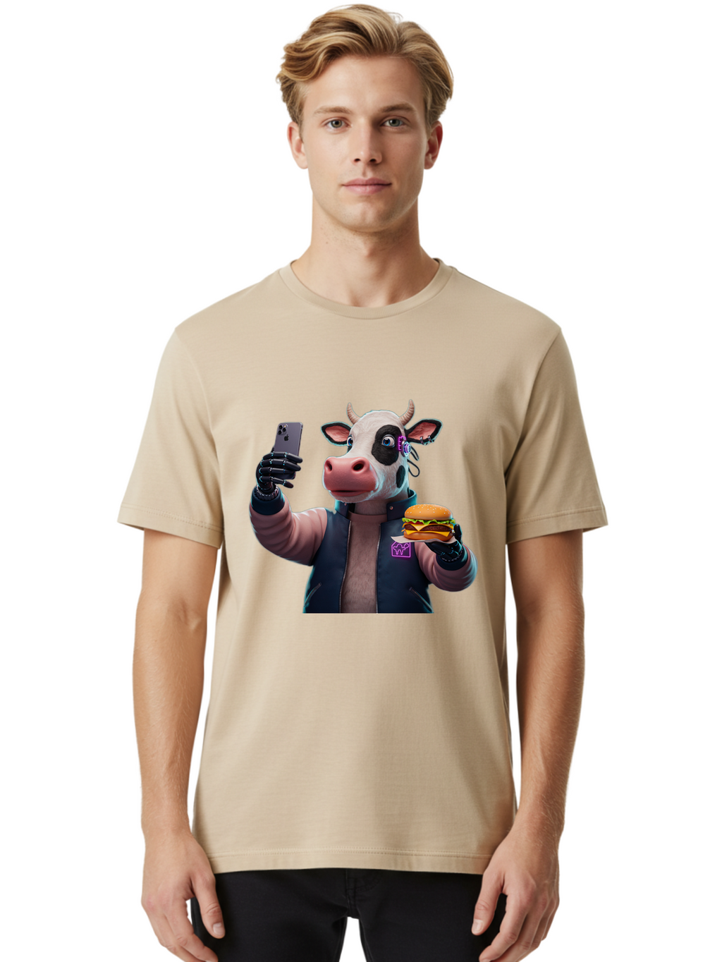 Cow-Wearing-Black-Vest-Holding-Cheeseburger-And-Iphone Men'S Graphic Tee, 100% Cotton, Comfortable Casual Summer Wear, Machine Washable, Vintage Camera, Old Camera, Antique Camera, Black Camera, Classic Photography, Photography Equipment, Bah816