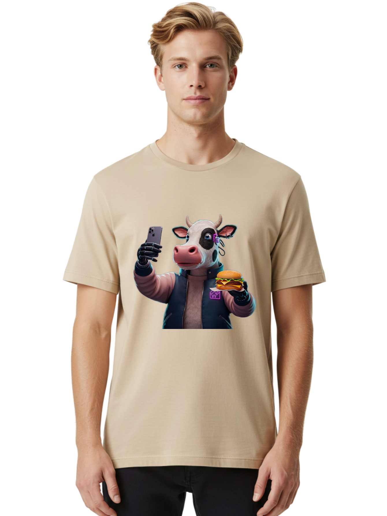 Cow-Wearing-Black-Vest-Holding-Cheeseburger-And-Iphone Men'S Graphic Tee, 100% Cotton, Comfortable Casual Summer Wear, Machine Washable, Vintage Camera, Old Camera, Antique Camera, Black Camera, Classic Photography, Photography Equipment, Bah816
