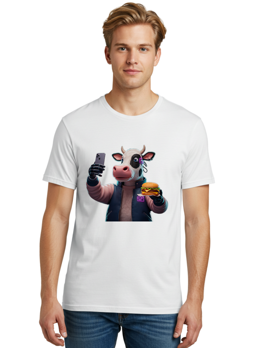 Cow-Wearing-Black-Vest-Holding-Cheeseburger-And-Iphone Men'S Graphic Tee, 100% Cotton, Comfortable Casual Summer Wear, Machine Washable, Vintage Camera, Old Camera, Antique Camera, Black Camera, Classic Photography, Photography Equipment, Bah816