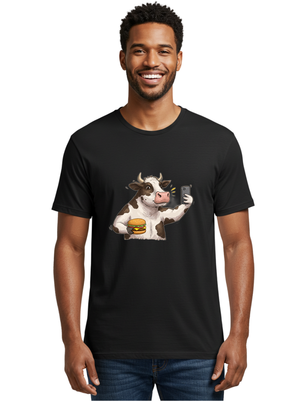 Cow-With-Hamburger-1 Men'S Graphic Tee, 100% Cotton, Comfortable Casual Summer Wear, Machine Washable, Vintage Camera, Old Camera, Antique Camera, Black Camera, Classic Photography, Photography Equipment, Nostalgic Device, Film Camera, Bah820
