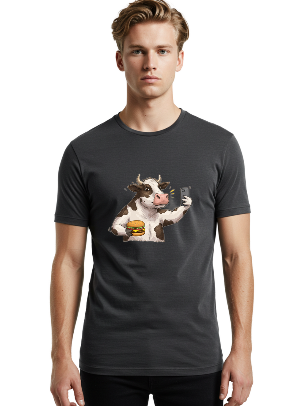 Cow-With-Hamburger-1 Men'S Graphic Tee, 100% Cotton, Comfortable Casual Summer Wear, Machine Washable, Vintage Camera, Old Camera, Antique Camera, Black Camera, Classic Photography, Photography Equipment, Nostalgic Device, Film Camera, Bah820