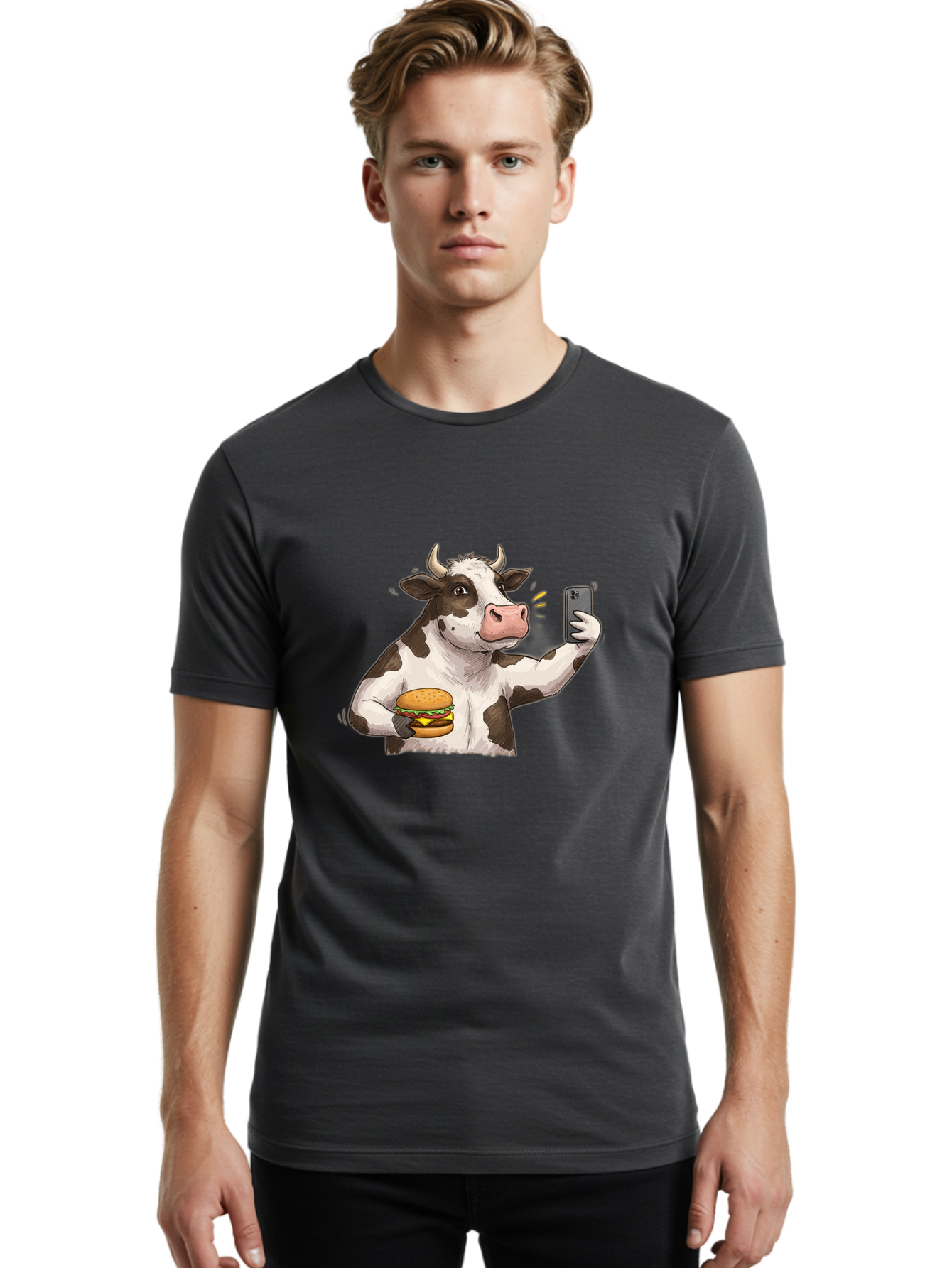 Cow-With-Hamburger-1 Men'S Graphic Tee, 100% Cotton, Comfortable Casual Summer Wear, Machine Washable, Vintage Camera, Old Camera, Antique Camera, Black Camera, Classic Photography, Photography Equipment, Nostalgic Device, Film Camera, Bah820