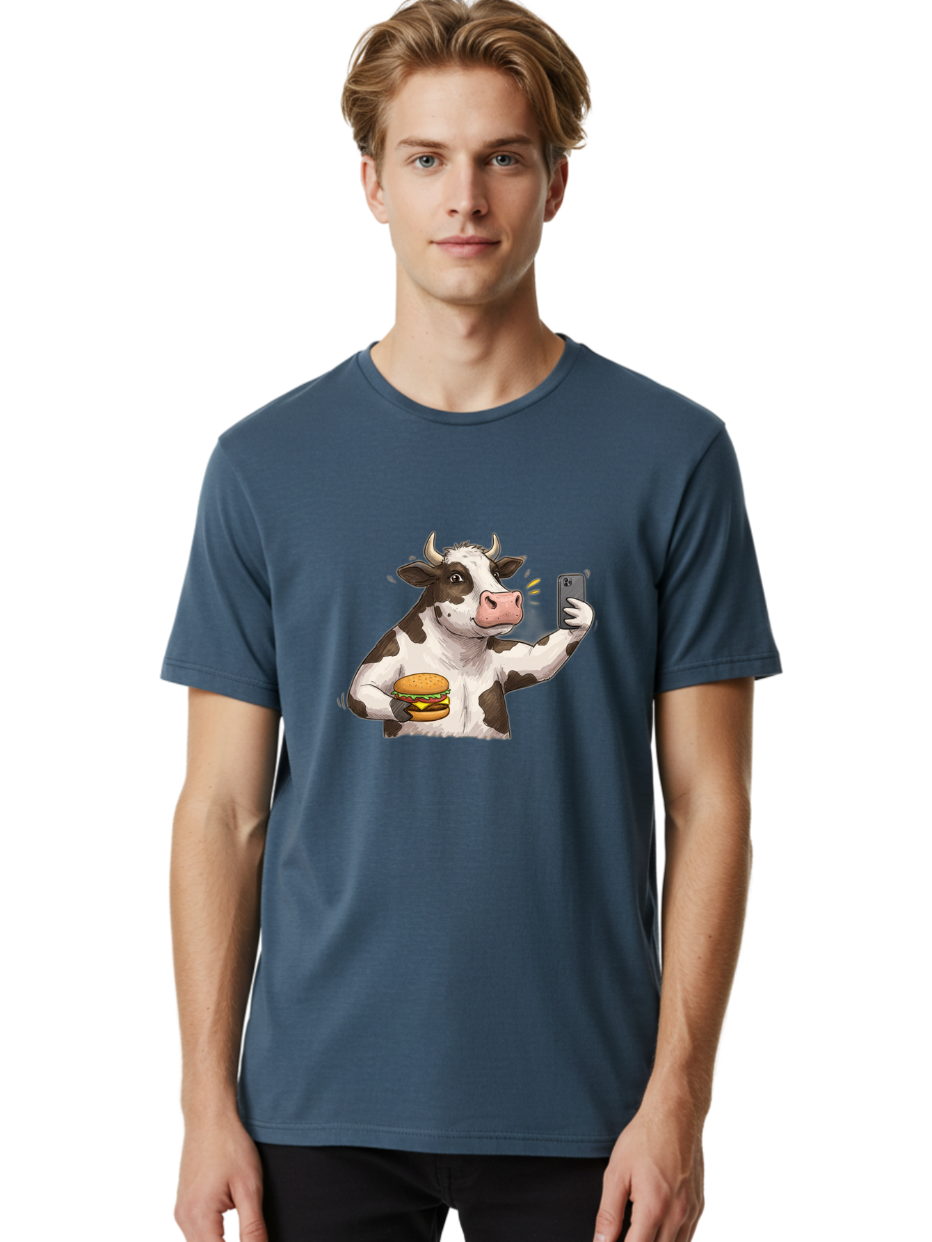 Cow-With-Hamburger-1 Men'S Graphic Tee, 100% Cotton, Comfortable Casual Summer Wear, Machine Washable, Vintage Camera, Old Camera, Antique Camera, Black Camera, Classic Photography, Photography Equipment, Nostalgic Device, Film Camera, Bah820