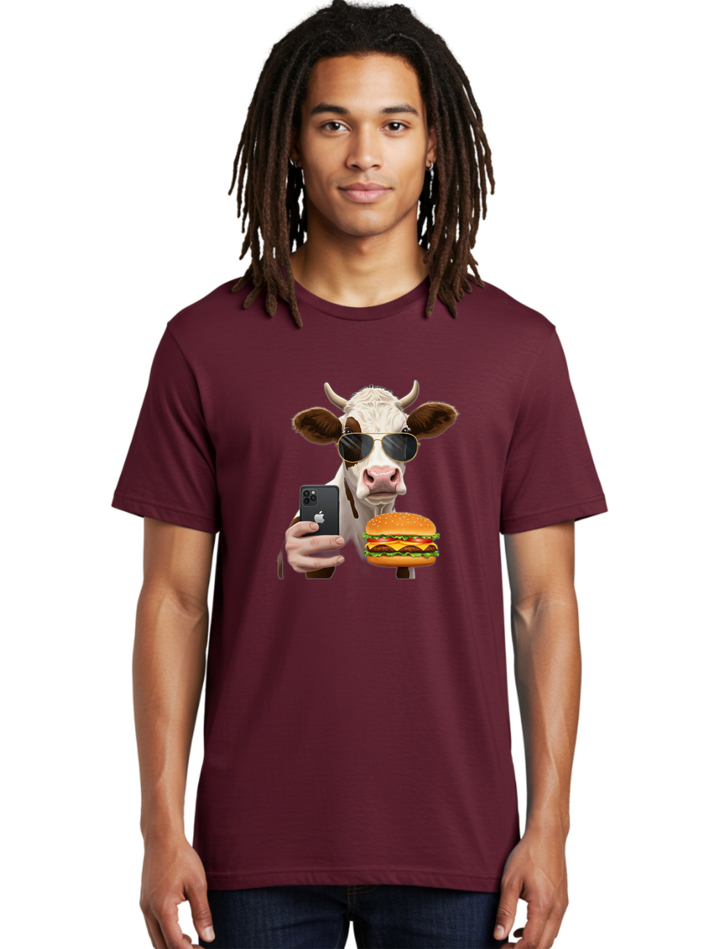 Cow-With-Iphone-And-Burger Men'S Graphic Tee, 100% Cotton, Comfortable Casual Summer Wear, Machine Washable, Vintage Camera, Old Camera, Antique Camera, Black Camera, Classic Photography, Photography Equipment, Nostalgic Device, Film Camera, Bah822