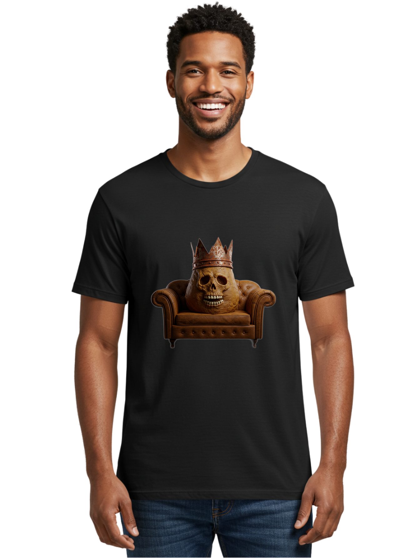 Crowned-Skull-On-Leather-Sofa Men'S Graphic Tee, 100% Cotton, Comfortable Casual Summer Wear, Machine Washable, Vintage Camera, Old Camera, Antique Camera, Black Camera, Classic Photography, Photography Equipment, Nostalgic Device, Bah832